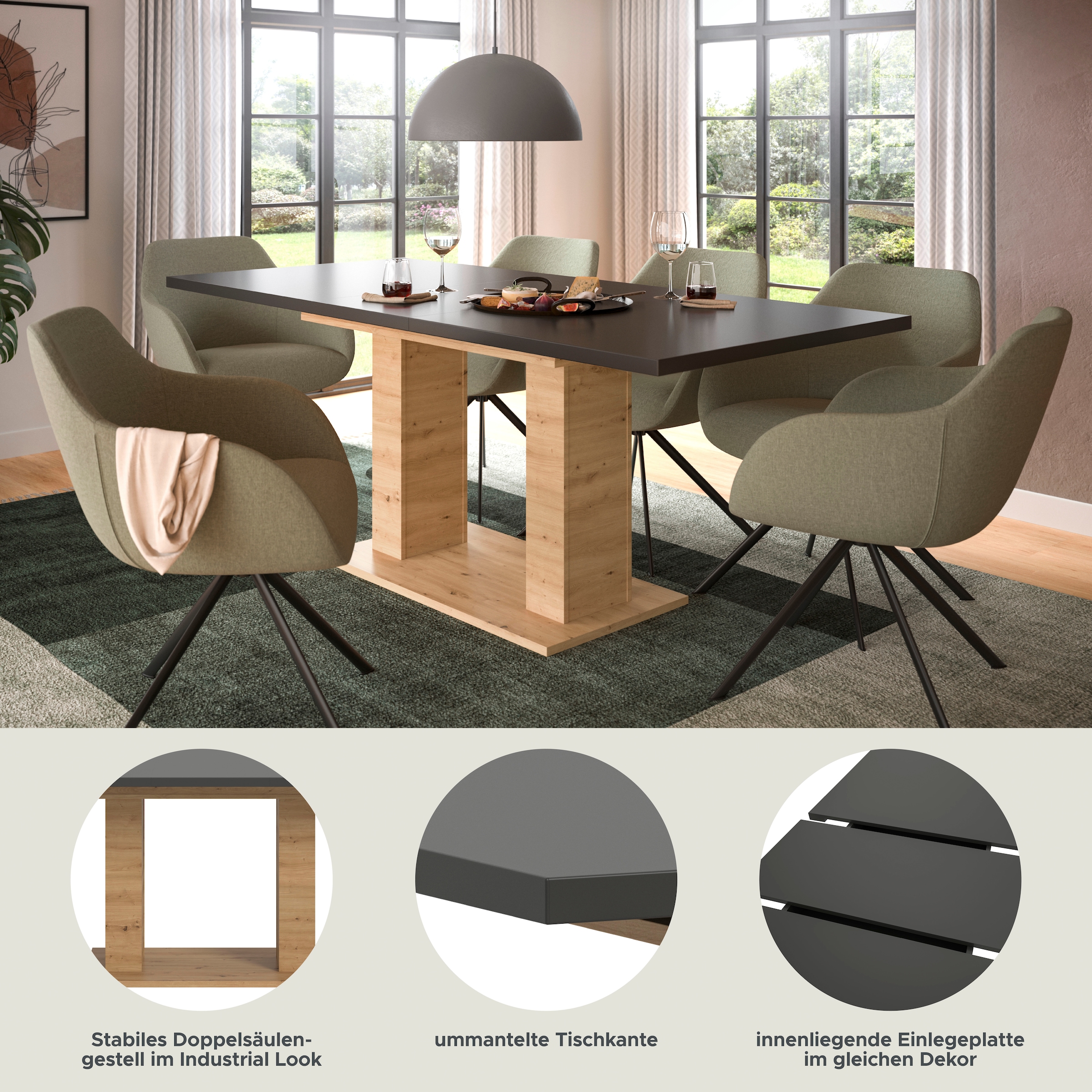 INOSIGN Esstisch »Motus, ausziehbar 150 -190 cm, inklusive 40 cm Einlegeplatte« Set, 1 Stk. tlg. Doppelsäulengestell mit Bodenplatte, Tisch, Esstisch, Küche