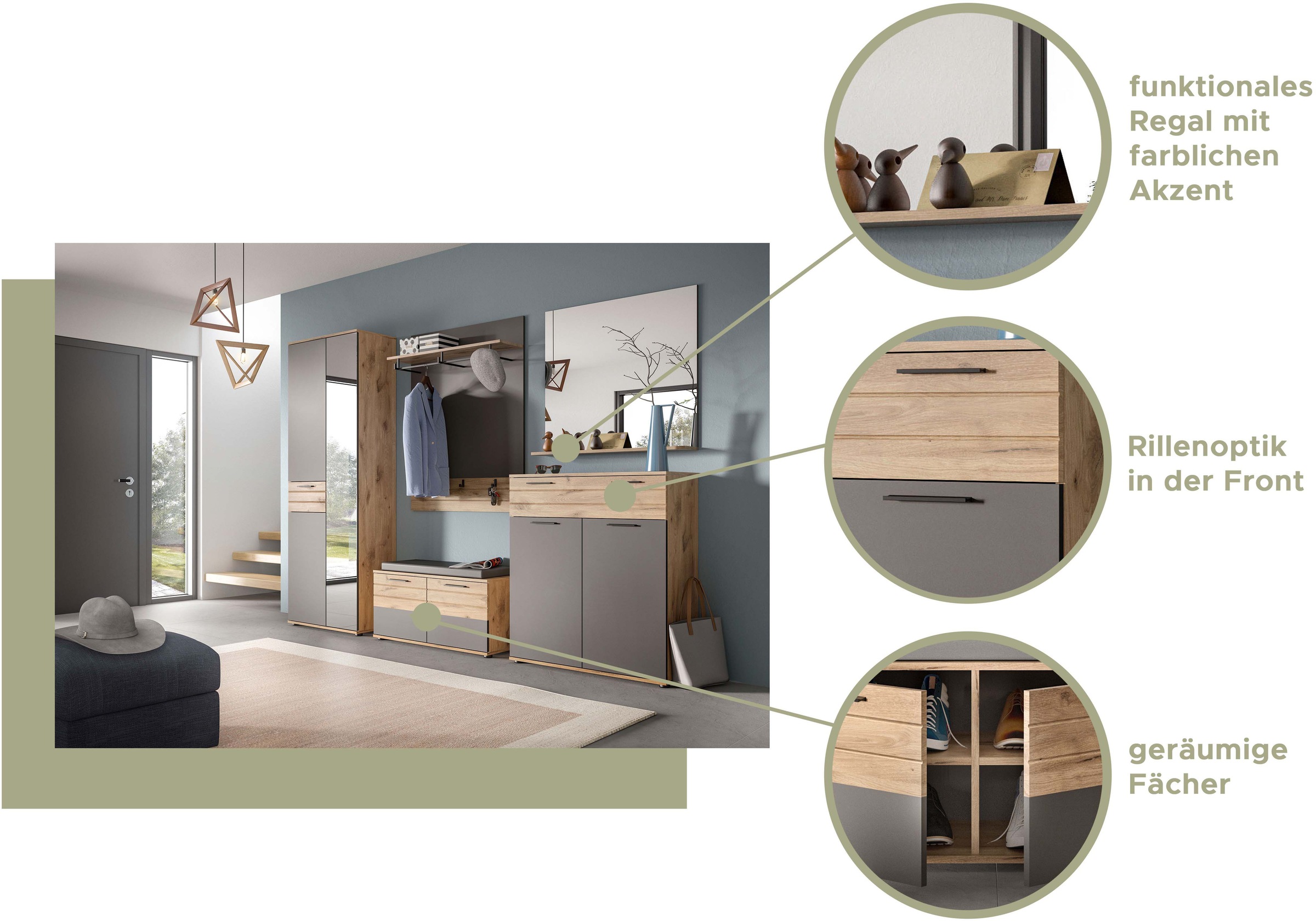 INOSIGN Garderoben-Set »Riga, Breite 175 cm, hochwertige Rillenfräsung, 3-teilig, best. aus:«, (Set, 3 St.), Garderobenschrank, Sitzbank, Paneel