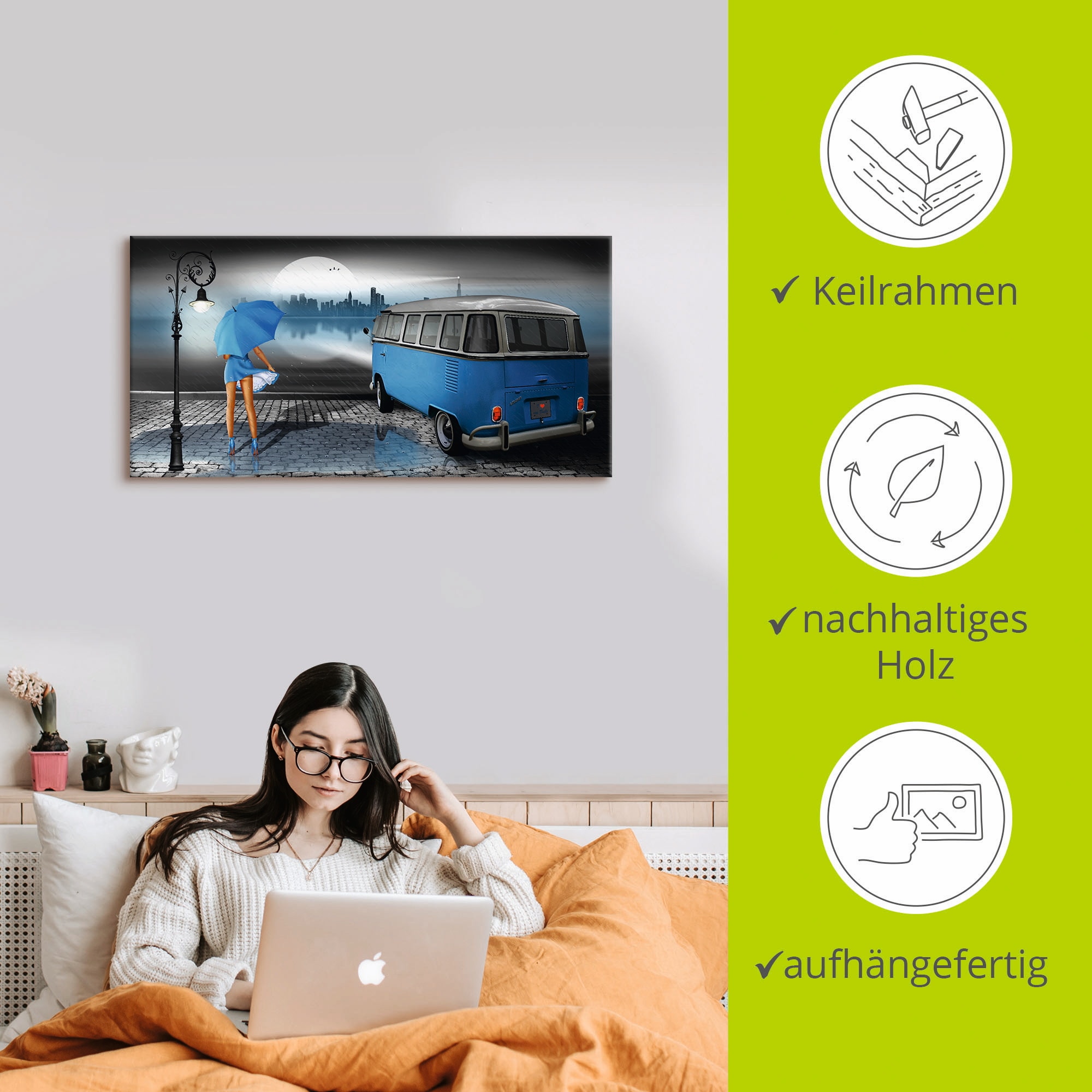 Artland Wandbild »Regennacht in Blau mit Bulli T1«, Auto, (1 St.), als Leinwandbild, Poster, Wandaufkleber in verschied. Grössen