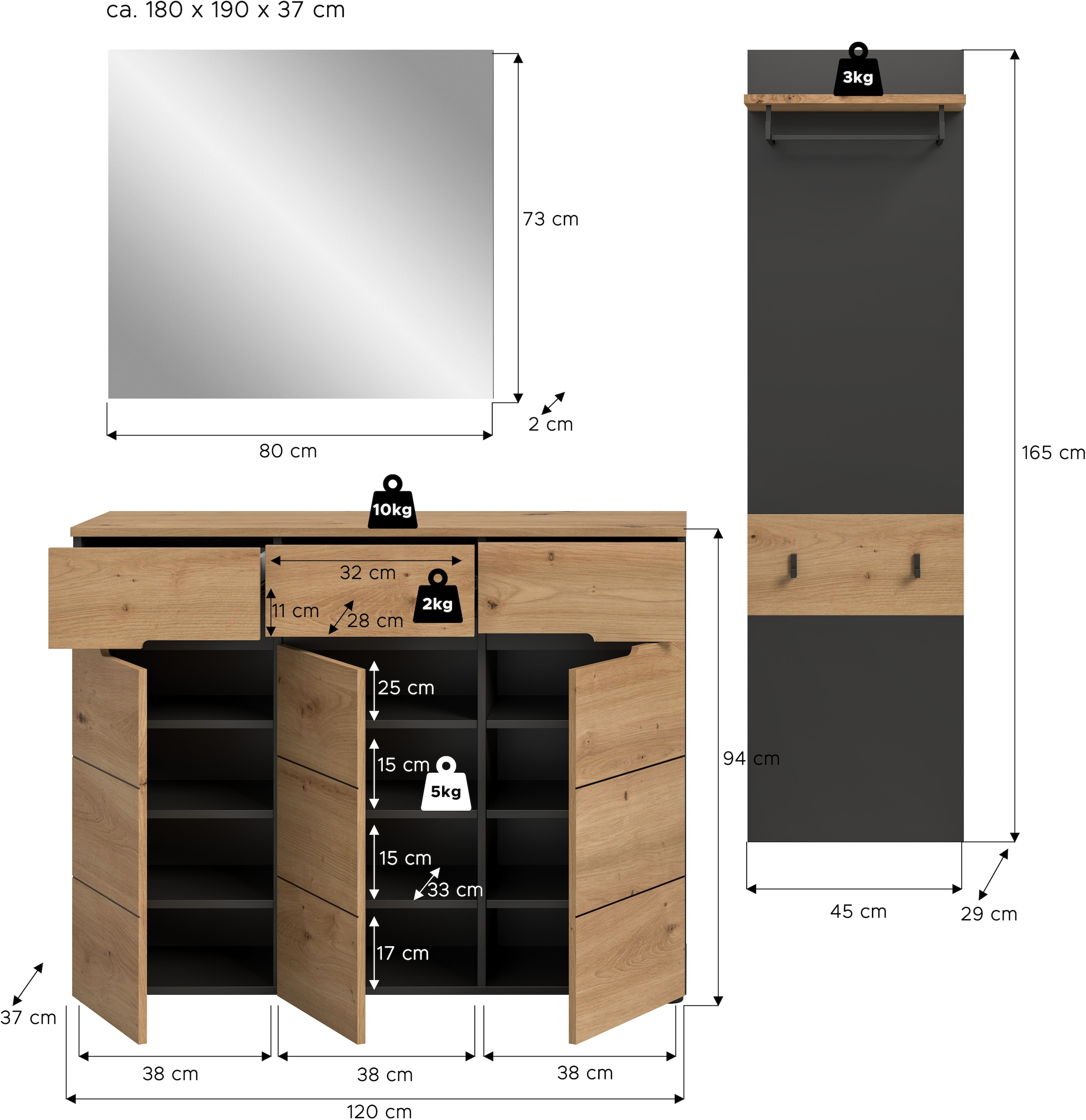 INOSIGN Garderoben-Set »REHAT, TOPSELLER!, 3-teilig, Breite 180 cm, individuell erweiterbar« Set, bestehend aus: Kommode, Spiegel und Garderobenpaneel, 3 Stk. tlg.