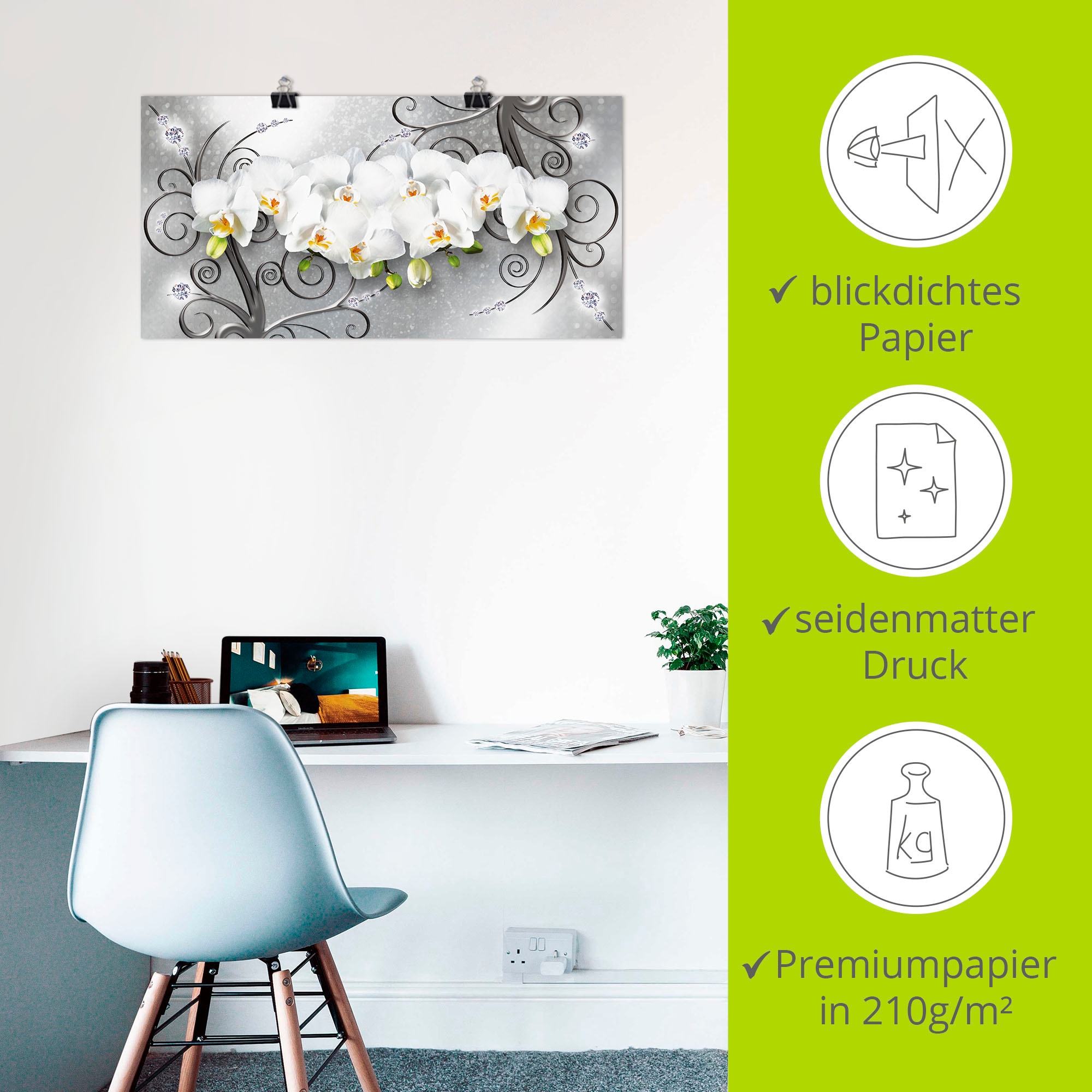 Artland Wandbild »weisse Orchideen auf Ornamenten«, Blumenbilder, (1 St.), als Alubild, Outdoorbild, Leinwandbild, Poster, Wandaufkleber