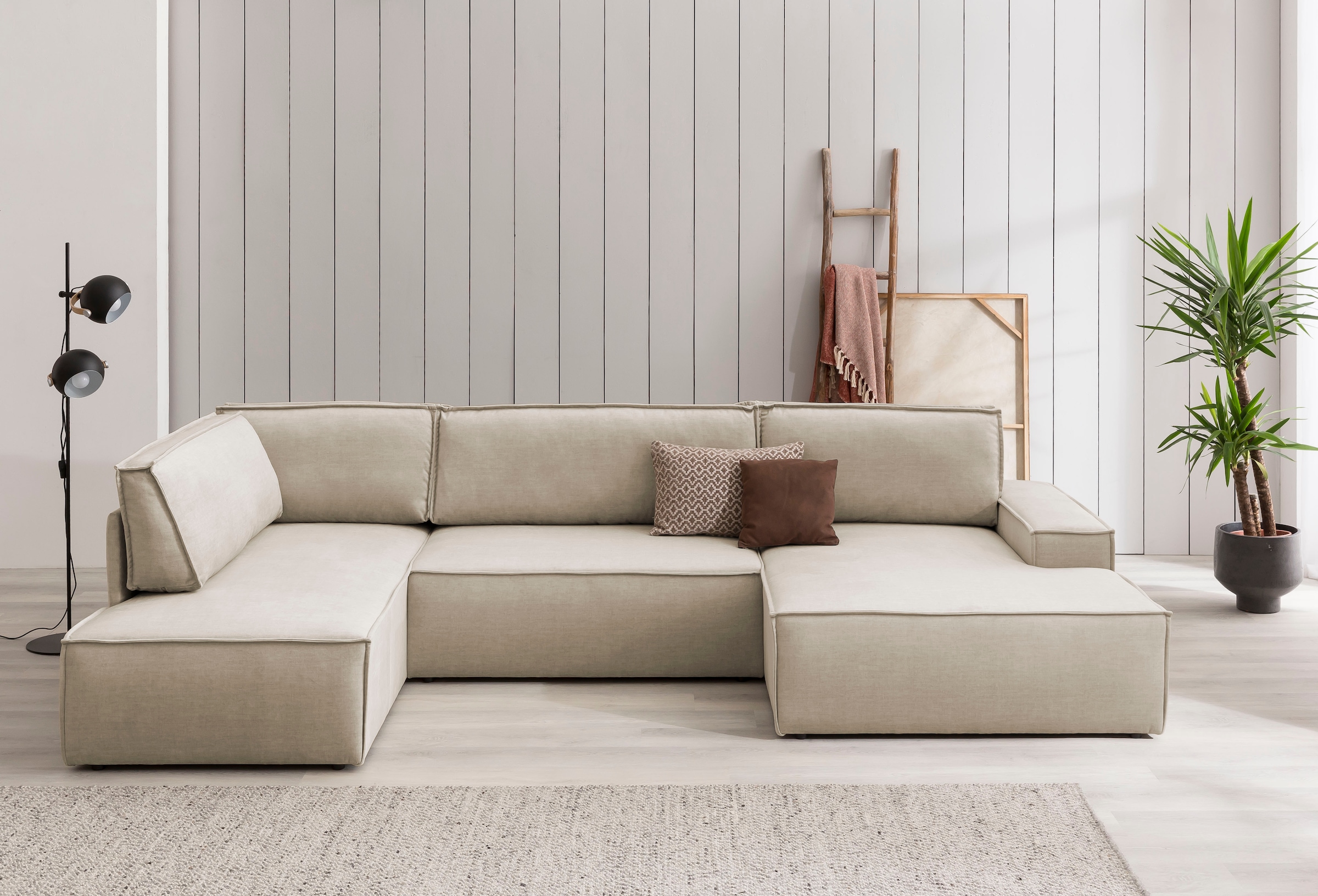 Home affaire Wohnlandschaft »SHERWOOD 329 cm, U-Form, Schlafsofa,«, Schlaffunktion m. Bettkasten (194x139 cm), Cord, Vintage, Samtvelours