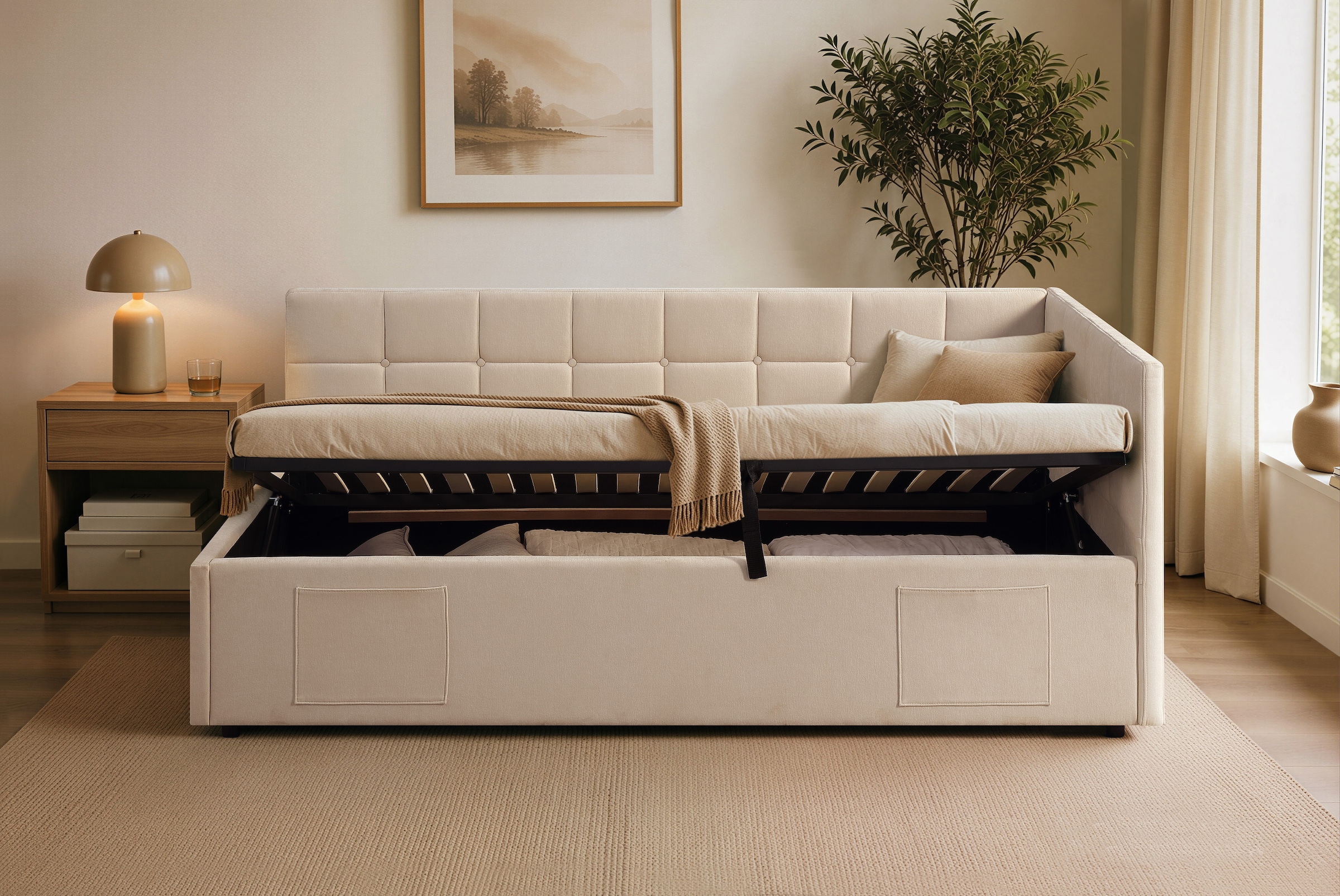 GOODproduct Lit de jour »MALIKA, Schlafsofa mit Stauraum und Lattenrost« Kopfteil links/rechts montierbar, mit 3 Fächern