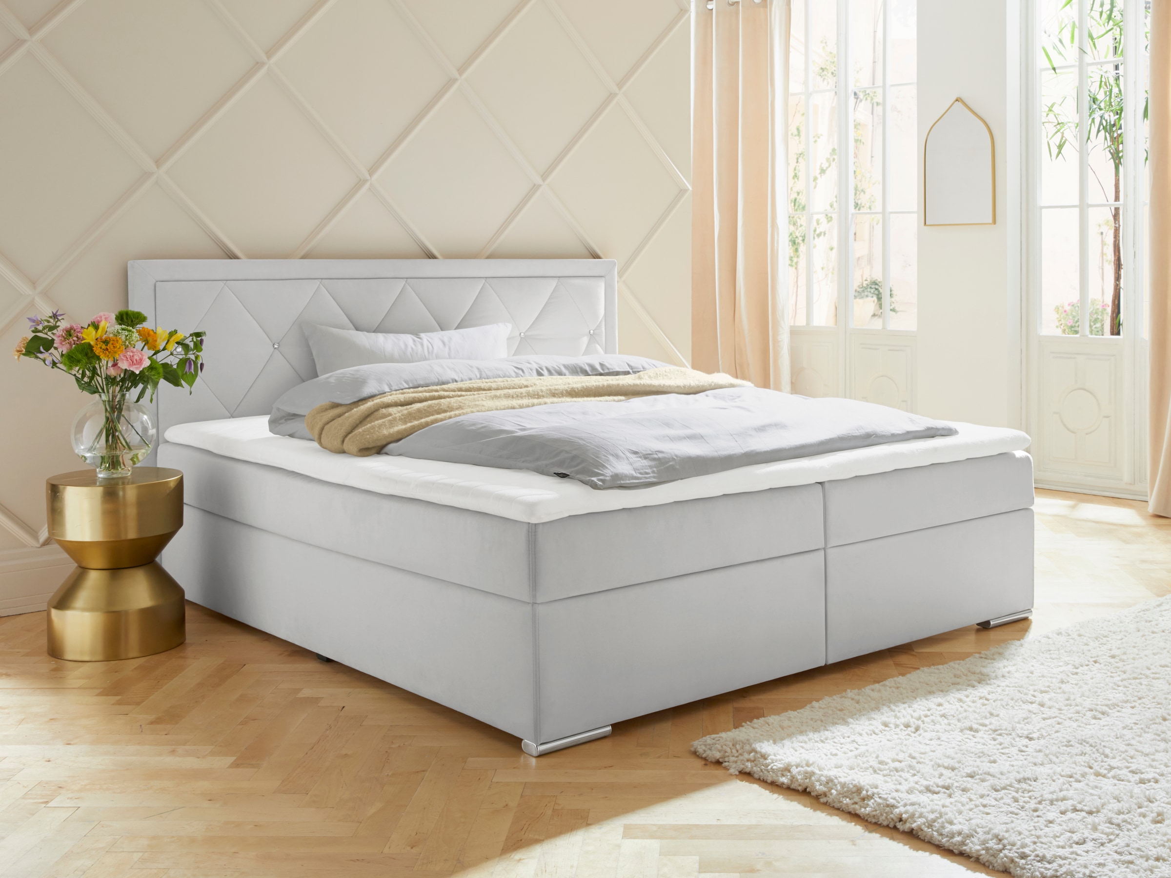 Leonique Boxbett »Alfie, Bestseller, wahlweise mit Bettkasten«, mit Strasssteinen im Kopfteil, H2, H3 und H4 wählbar
