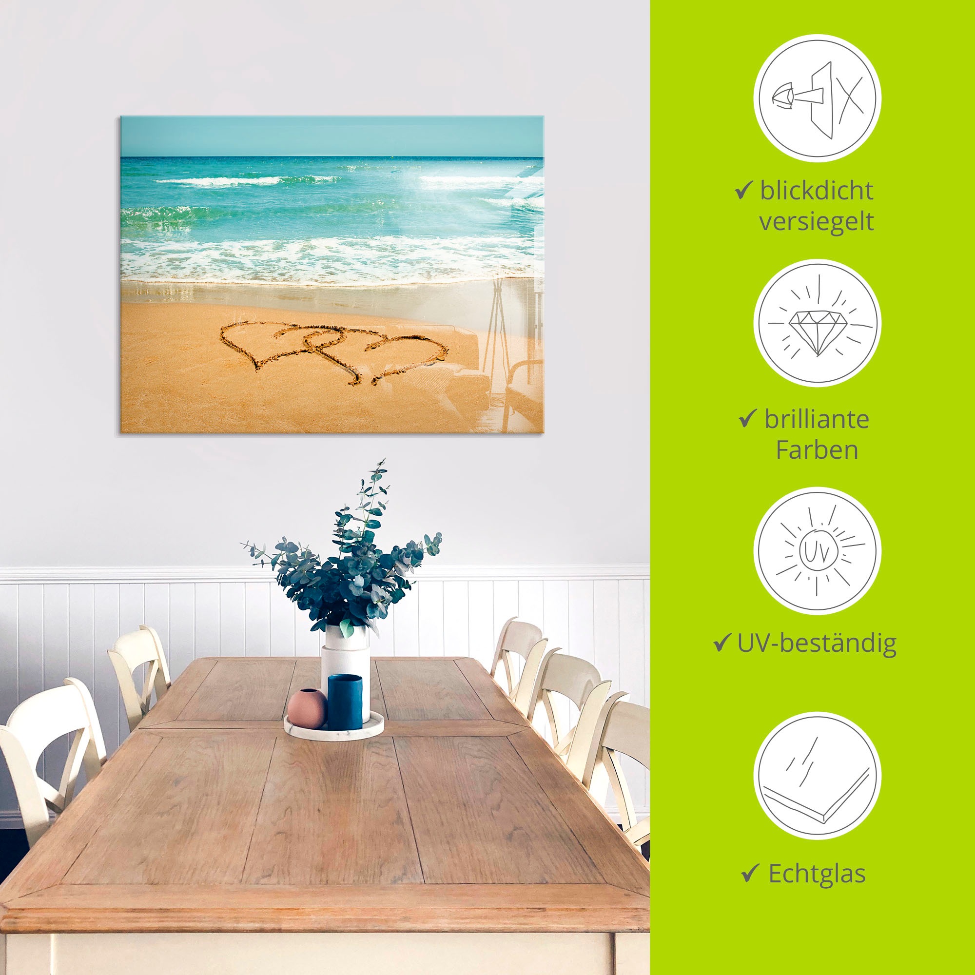 Artland Glasbild »Herzen im Sand«, Strand, (1 St.), in verschiedenen Grössen