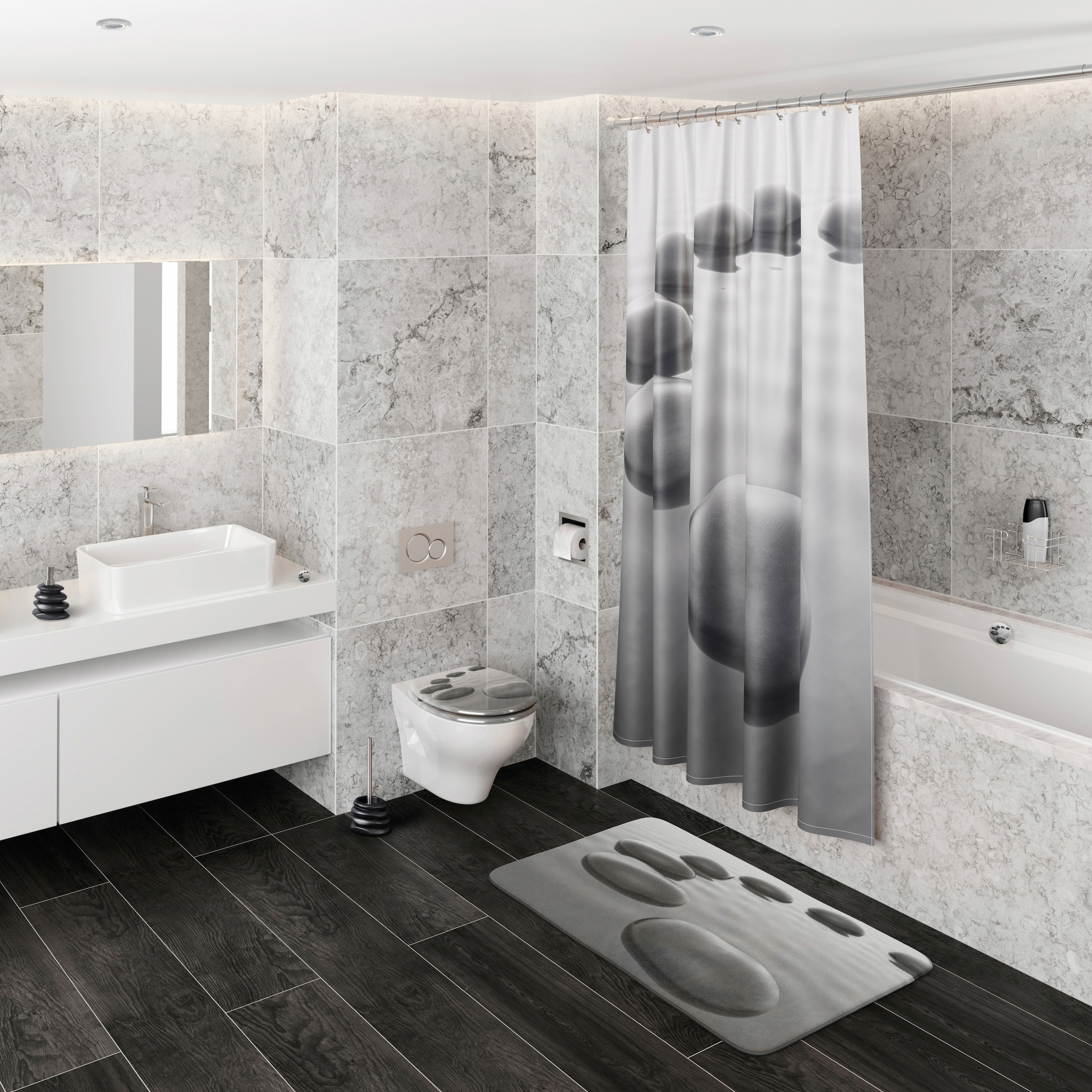 Sanilo Set d'accessoires de salle de bain »Black Stones« bestehend aus WC-Sitz, Badteppich, Stöpsel, Seifenspender, WC-Bürste