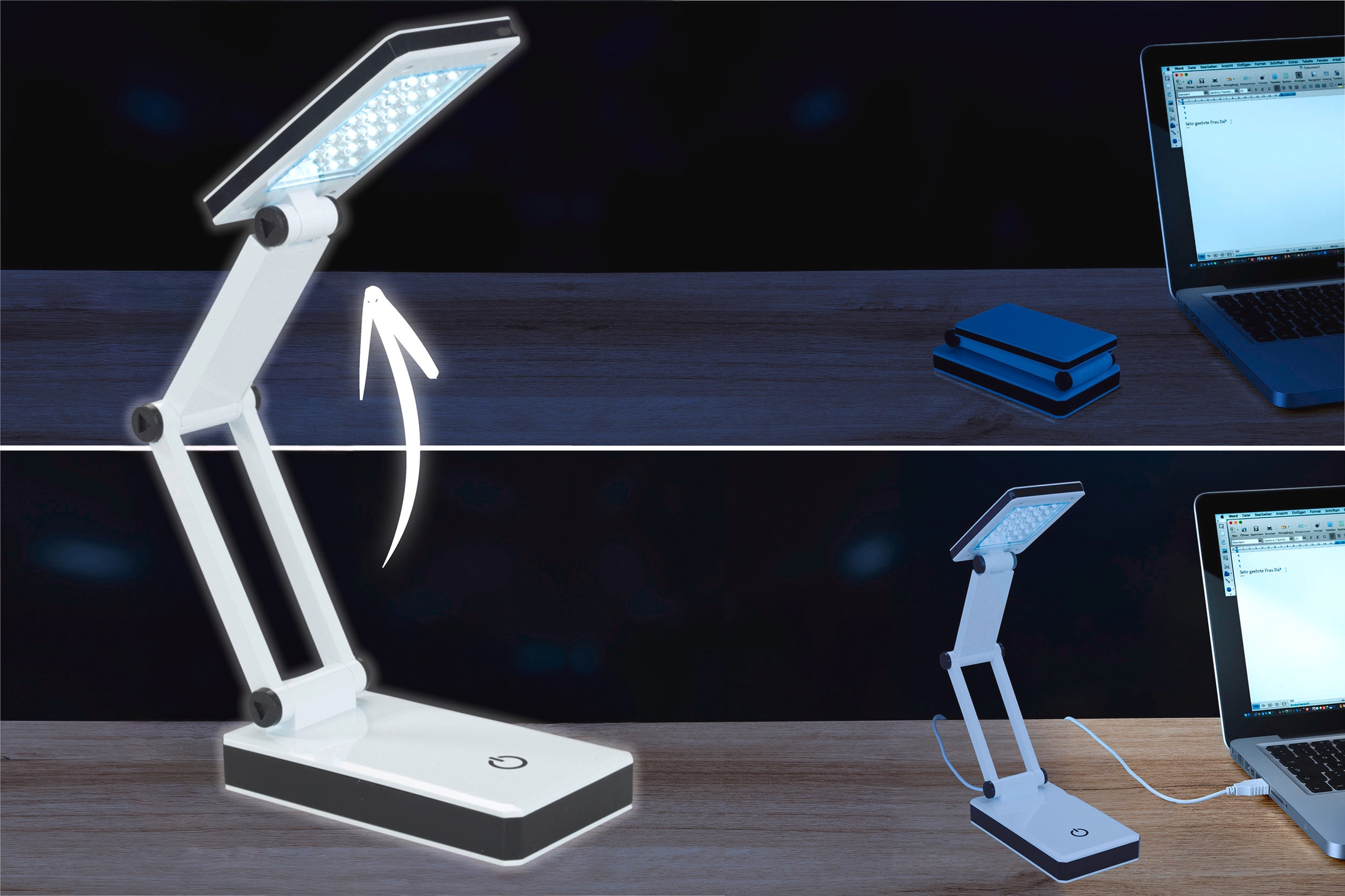 Maximex LED Schreibtischlampe »faltbar« LED-Modul 1 Stk. Neutralweiss LED Lampe, stufenlos verstellbar, USB-Port oder Batteriebetrieb