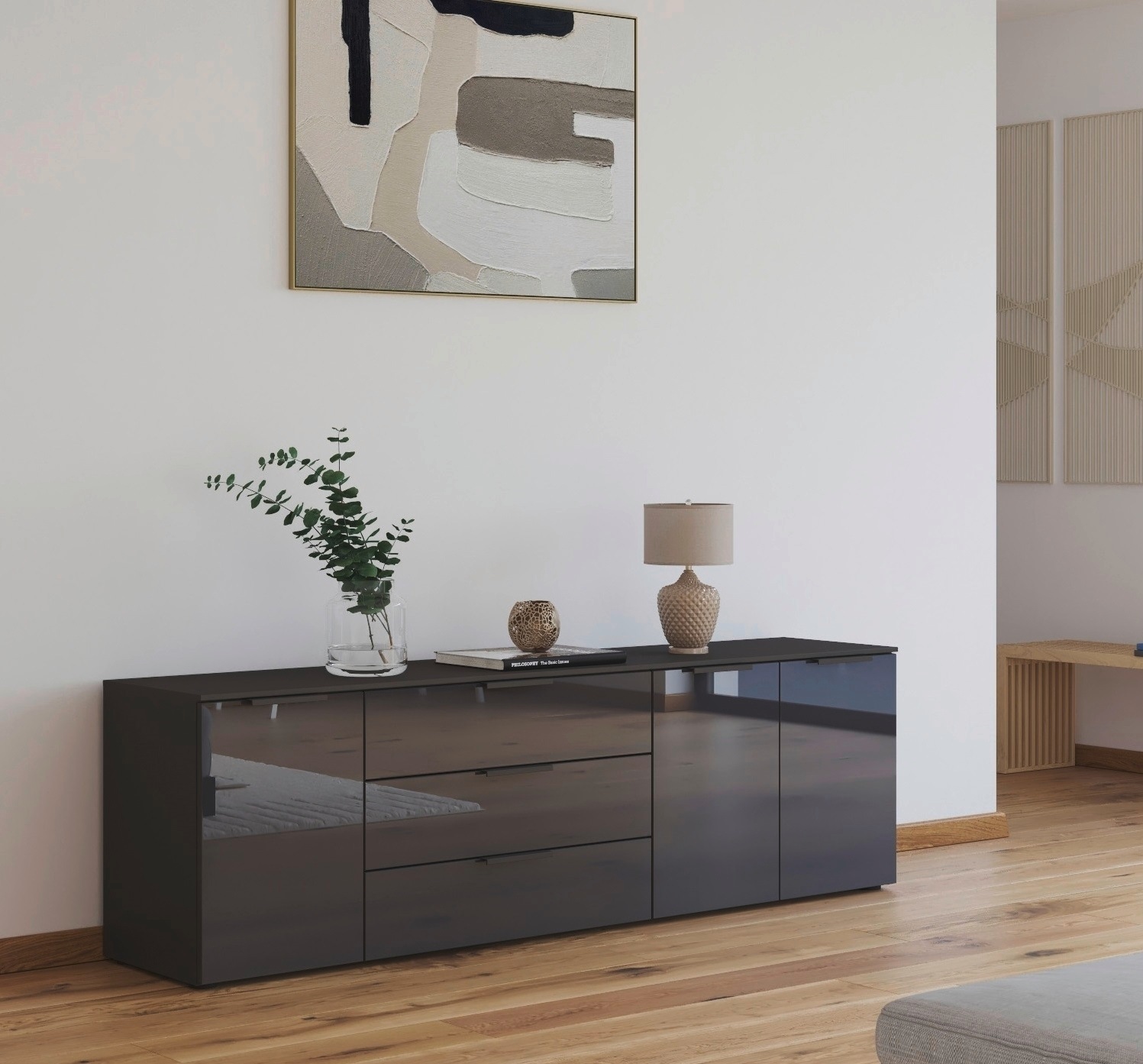 rauch Kombikommode "Kommode Türkommode Sideboard Kombikommode FLIPP mit Glasfront" Breite 200 cm mit 2 Einlegeböden, 3-türig mit 3 Schubladen und Soft-Close-Funktion sowie Glasfront