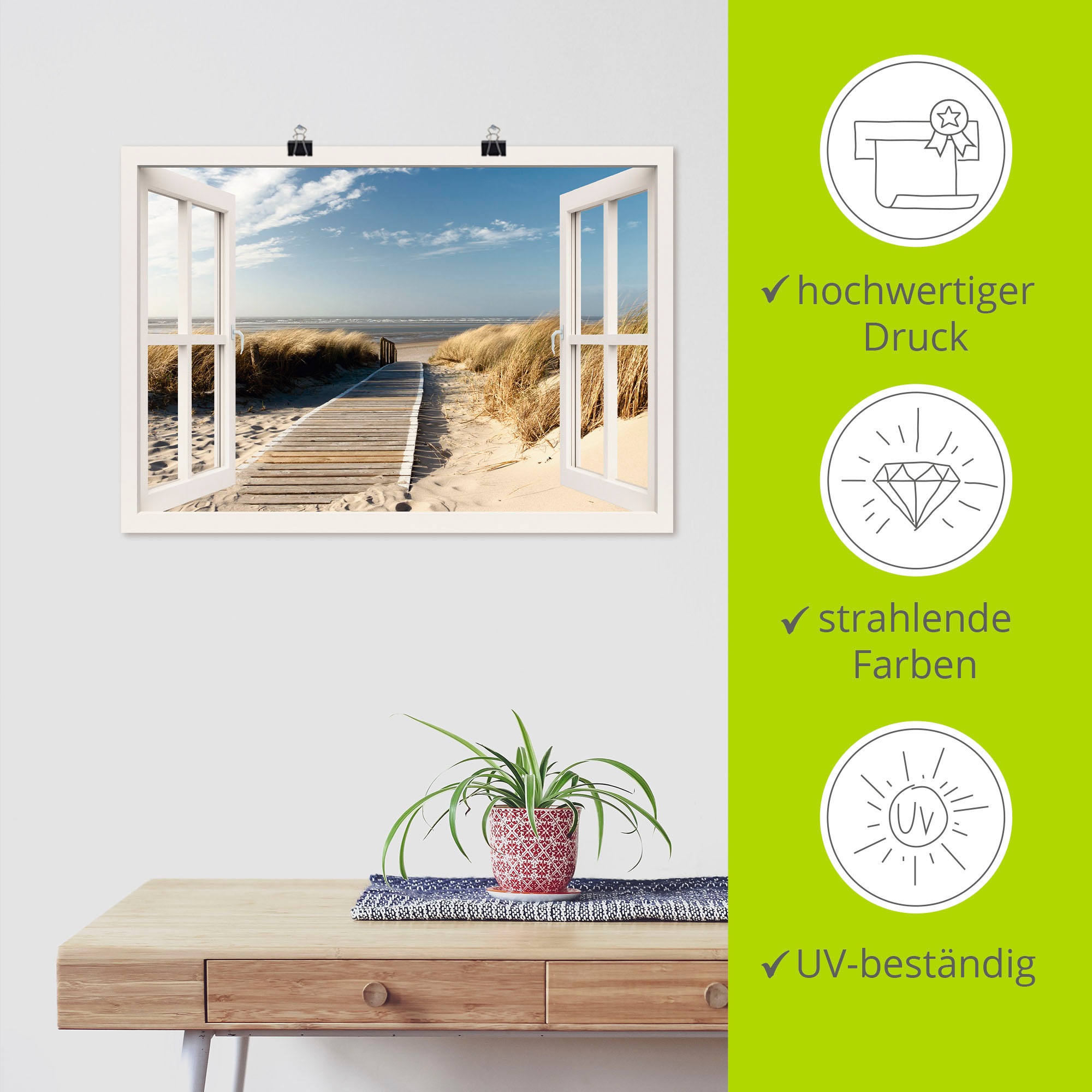 Artland Wandbild »Fensterblick Nordseestrand auf Langeoog«, Fensterblick, (1 St.), als Leinwandbild, Poster, Wandaufkleber in verschied. Grössen