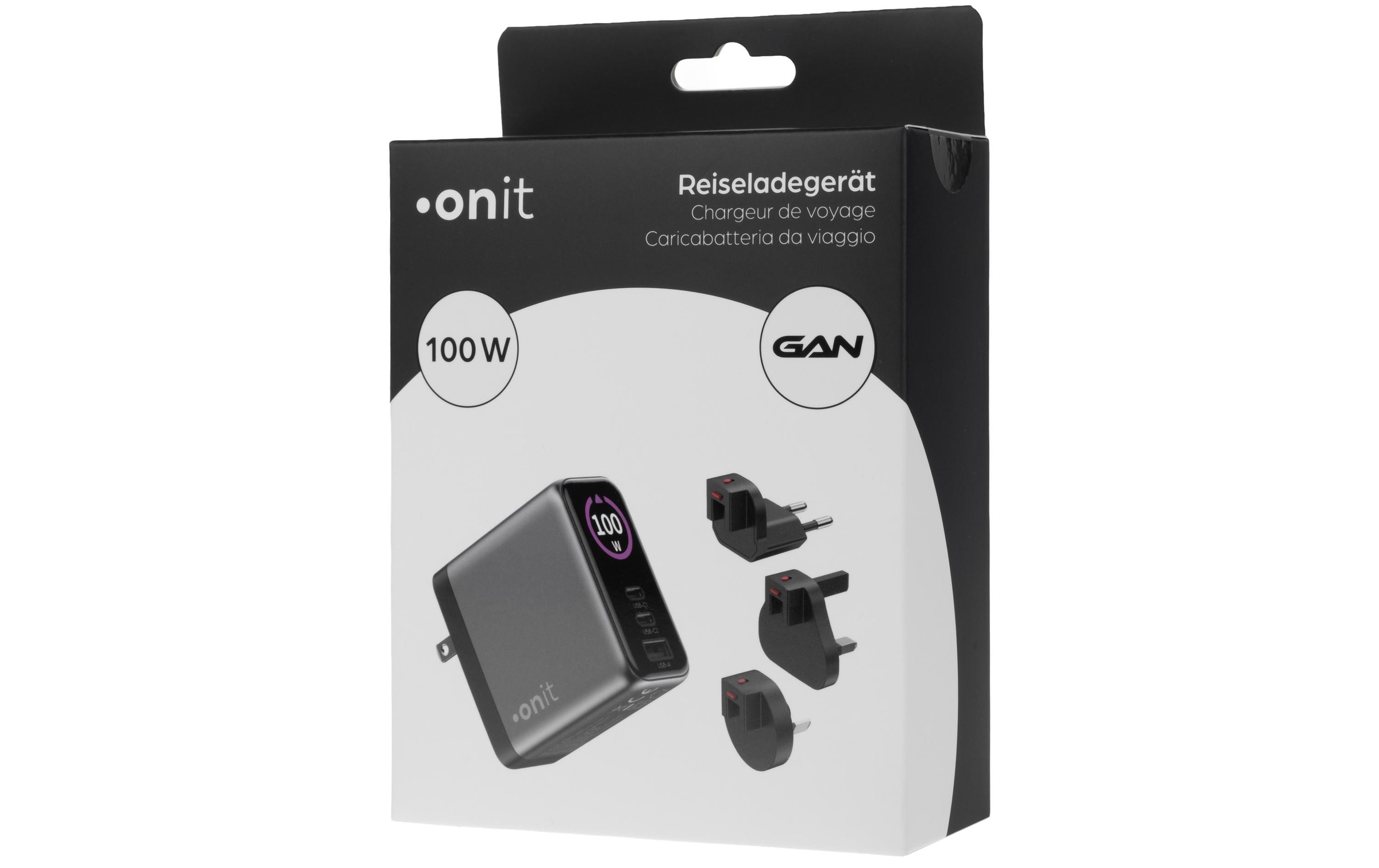 onit Chargeur USB »Travel 2C1A 100 W GaN« Chargeur de voyage avec adaptateurs interchangeables pour utilisation mondiale
