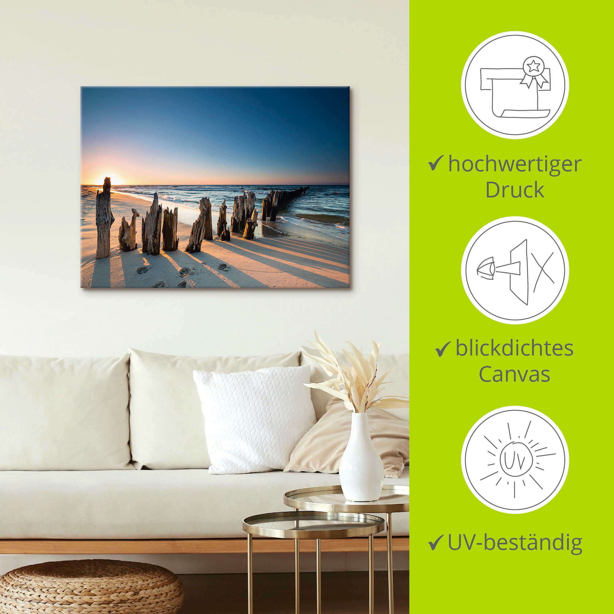 Artland Wandbild »Sonnenuntergang Strand Wellenbrecher«, Meer Bilder, (1 St.), als Alubild, Outdoorbild, Leinwandbild, Poster, Wandaufkleber