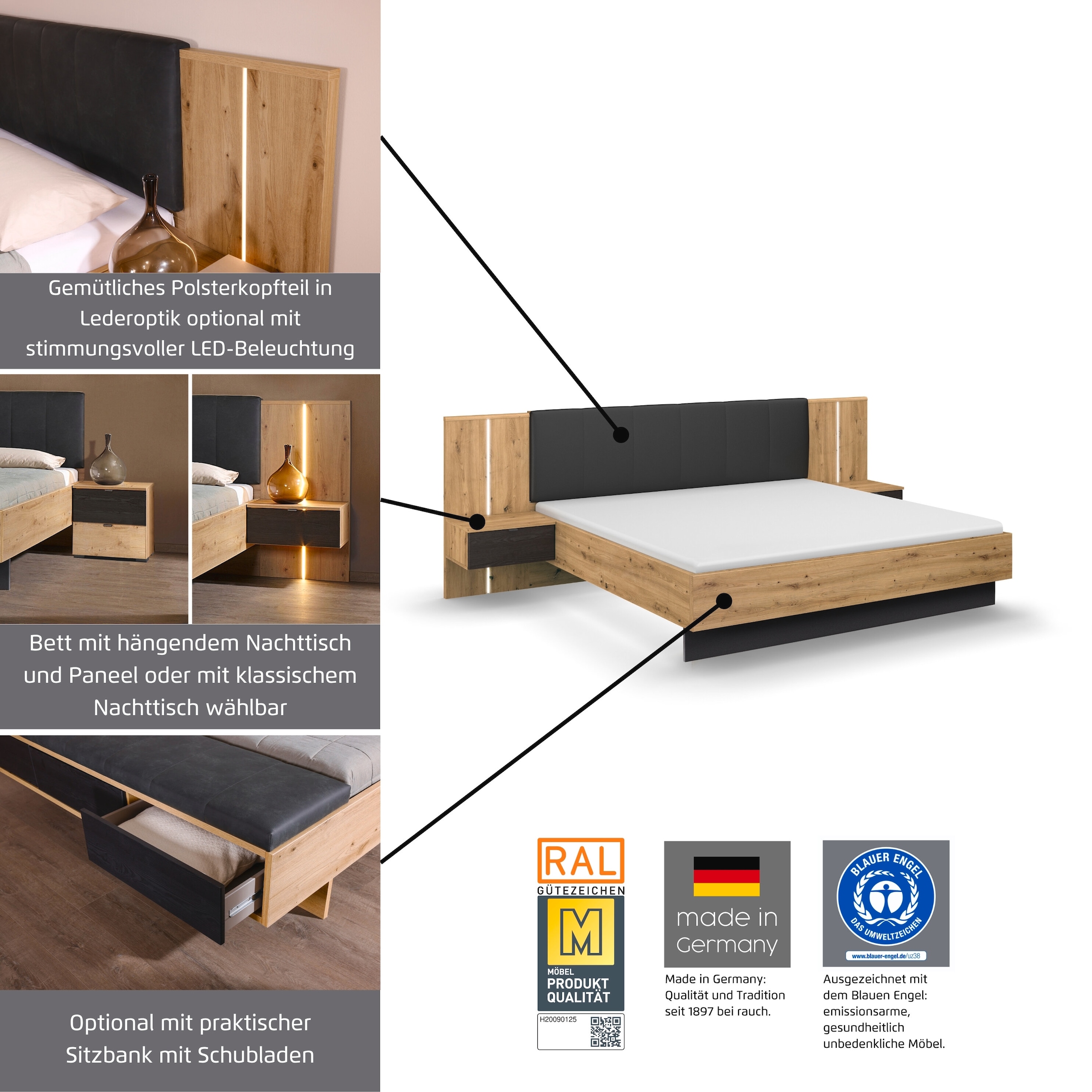 rauch Ensemble de lit »Bett Doppelbett Komfortbett Funktionsbett APOLLON« Surface de couchage 180x200, option avec banc de lit et rangement, 3 pièces tlg. tête de lit rembourrée en imitation cuir noir, 2 tables de nuit FABRIQUÉ EN ALLEMAGNE