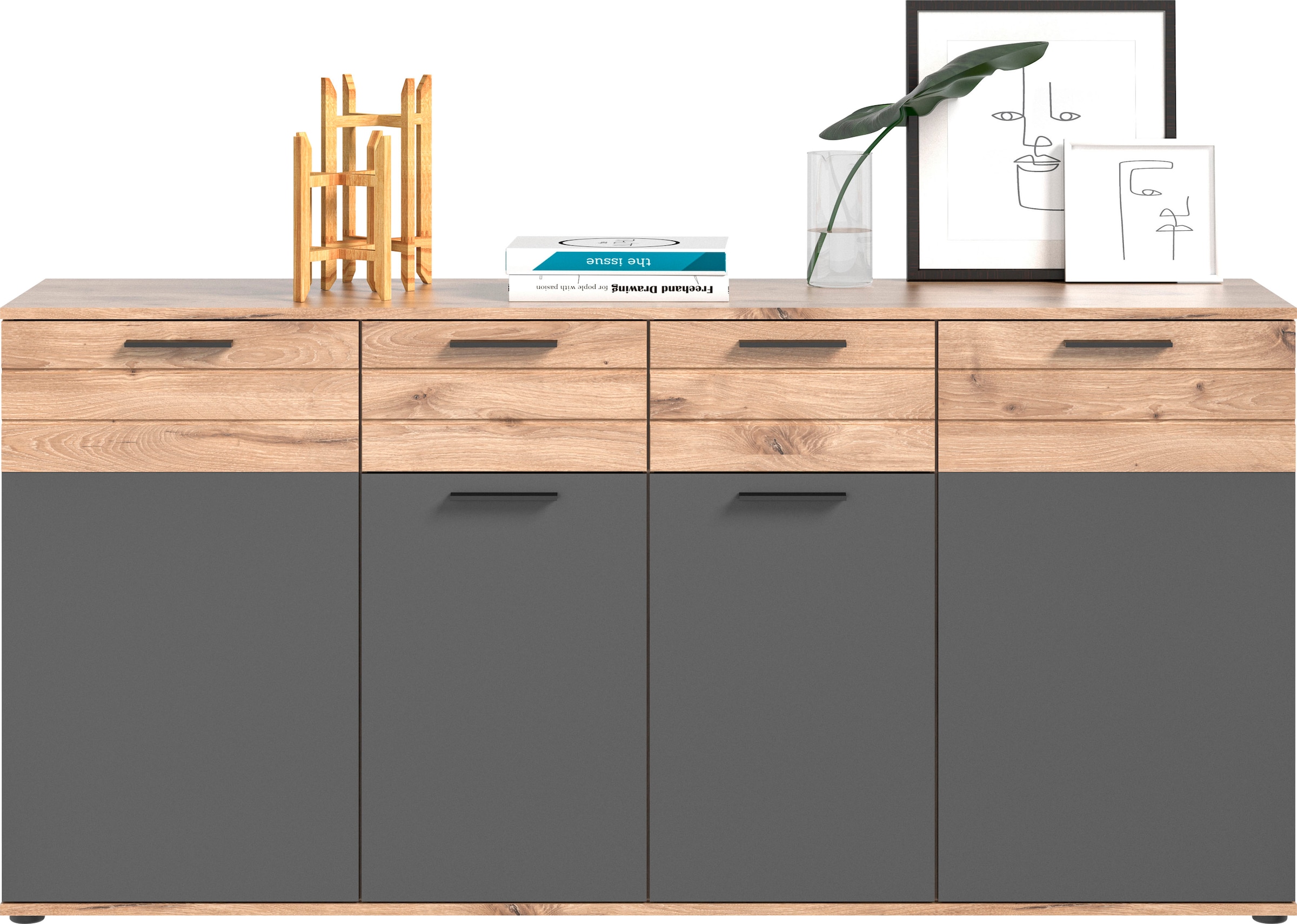 INOSIGN Sideboard »Riga, Breite 180cm, 4 Türen, 2 Schubkästen, 6 Einlegeböden, 10 Fächer« hochwertige Rillenfräsung, mit Softclose, Kommode, Anrichte, Schrank