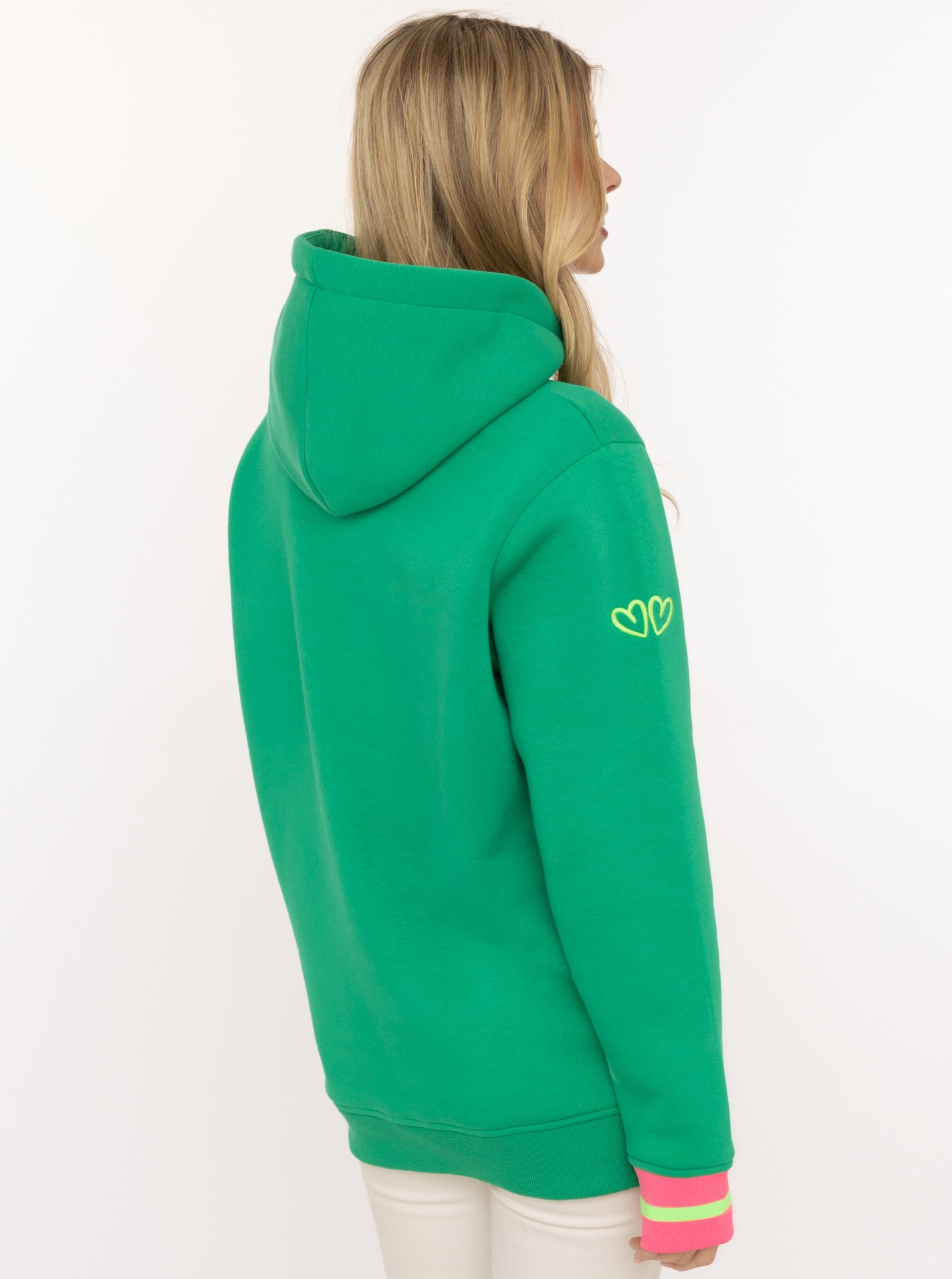 Zwillingsherz Hoodie »"SMILE"«, grosse Stickerei, gestreifte Bündchen, Fronttasche, Kapuze

