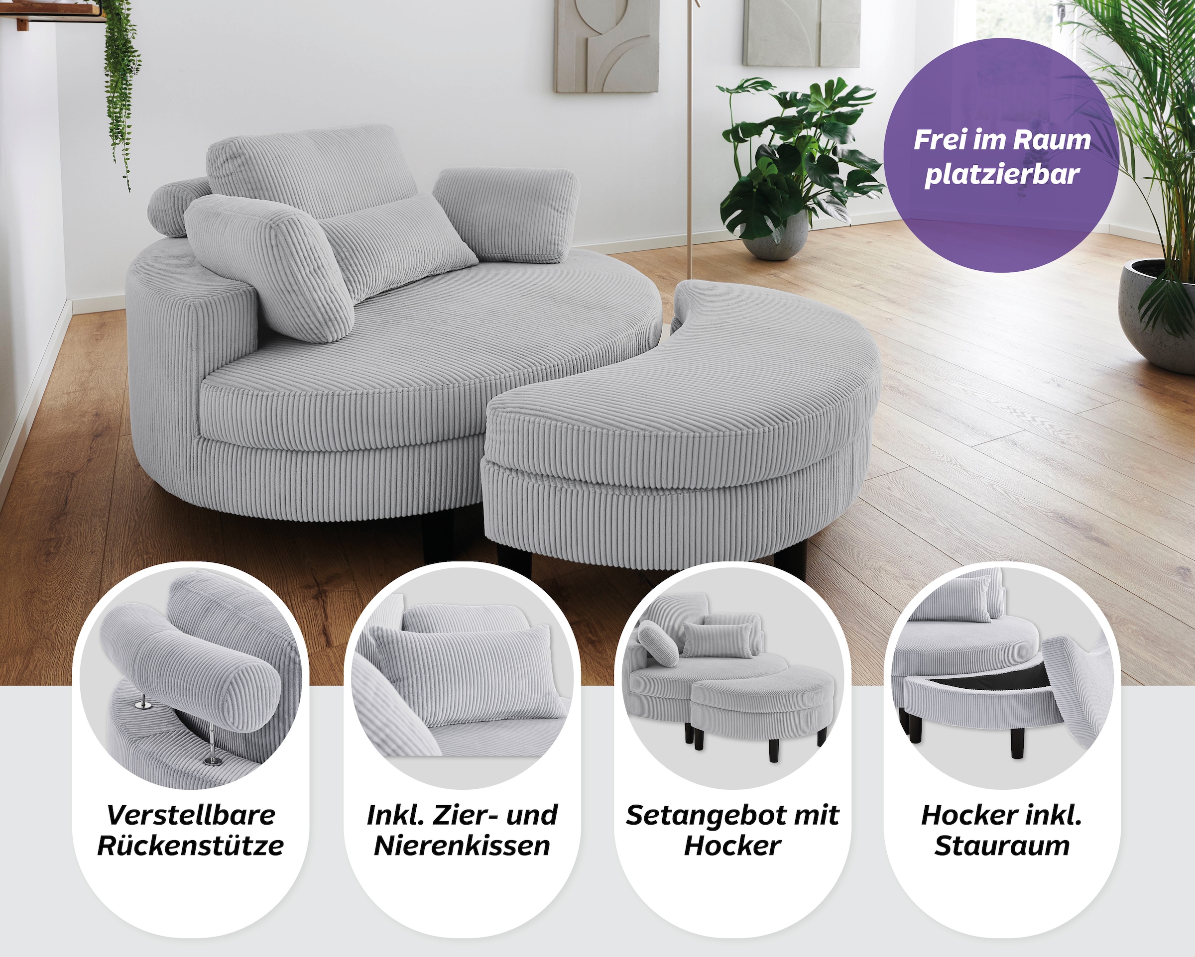 ATLANTIC home collection Loveseat »Ravi Sessel, B: 114 cm, Sitzhöhe: 42 cm« XXL- Sessel, mit Stauraumhocker, Rückenstütze & 4 Zierkissen