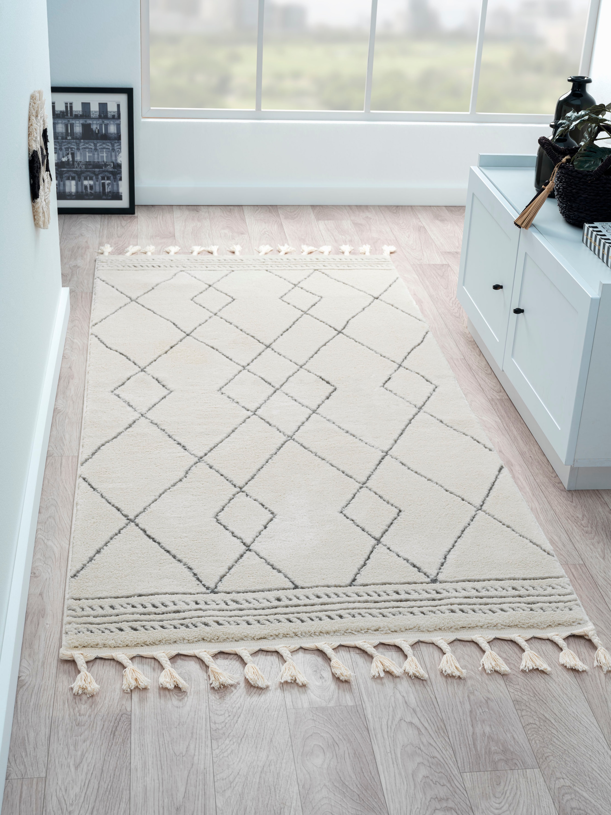Image of Myflair Möbel & Accessoires Hochflor-Teppich "Moroccan Design, LAGERRÄUMUNG" rechteckig 24 mm Höhe modern, marokkanisches Design, Rauten Muster, weich, mit Fransen