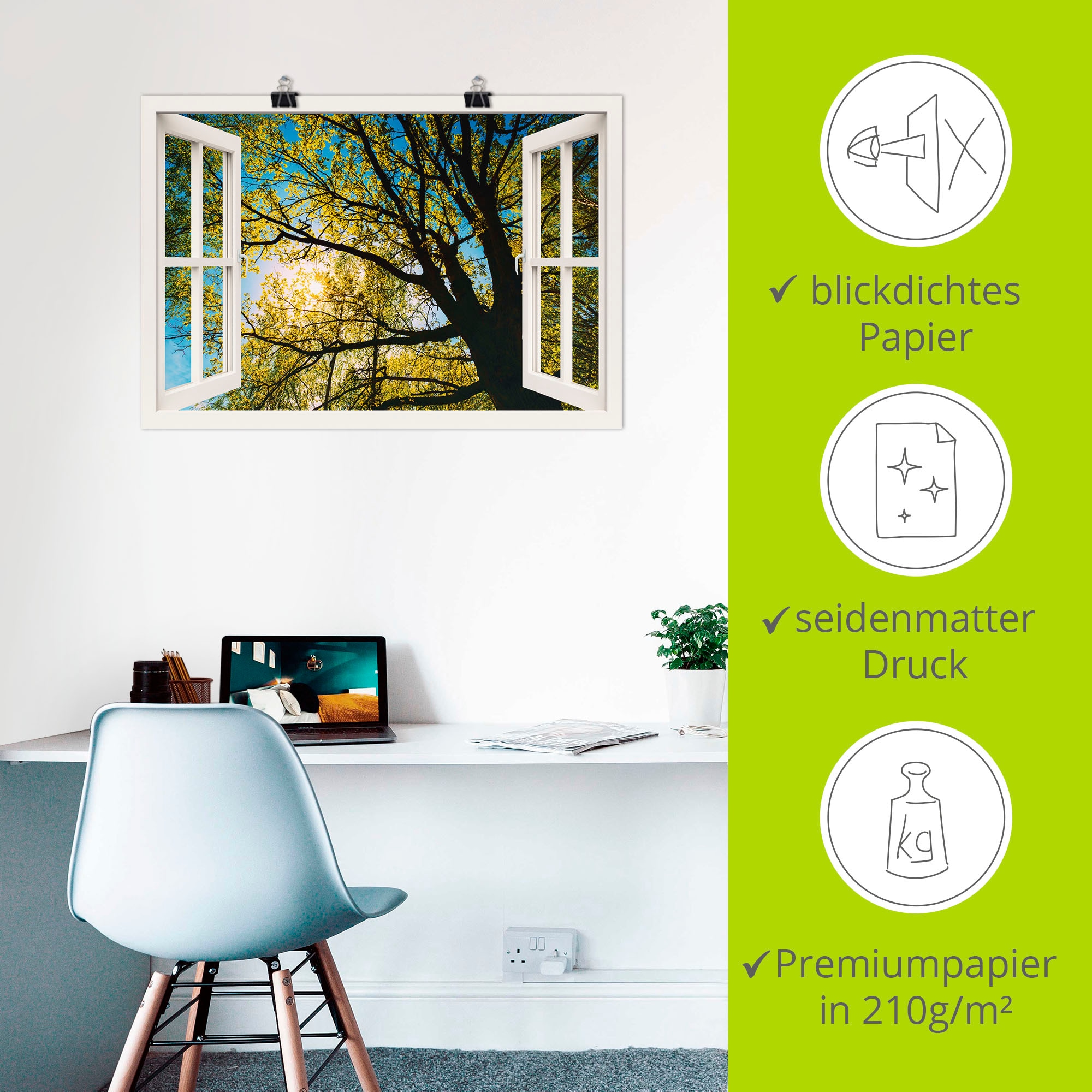 Artland Wandbild »Fensterblick Frühlingssonne Baumkrone«, Bäume, (1 St.), als Leinwandbild, Poster in verschied. Grössen