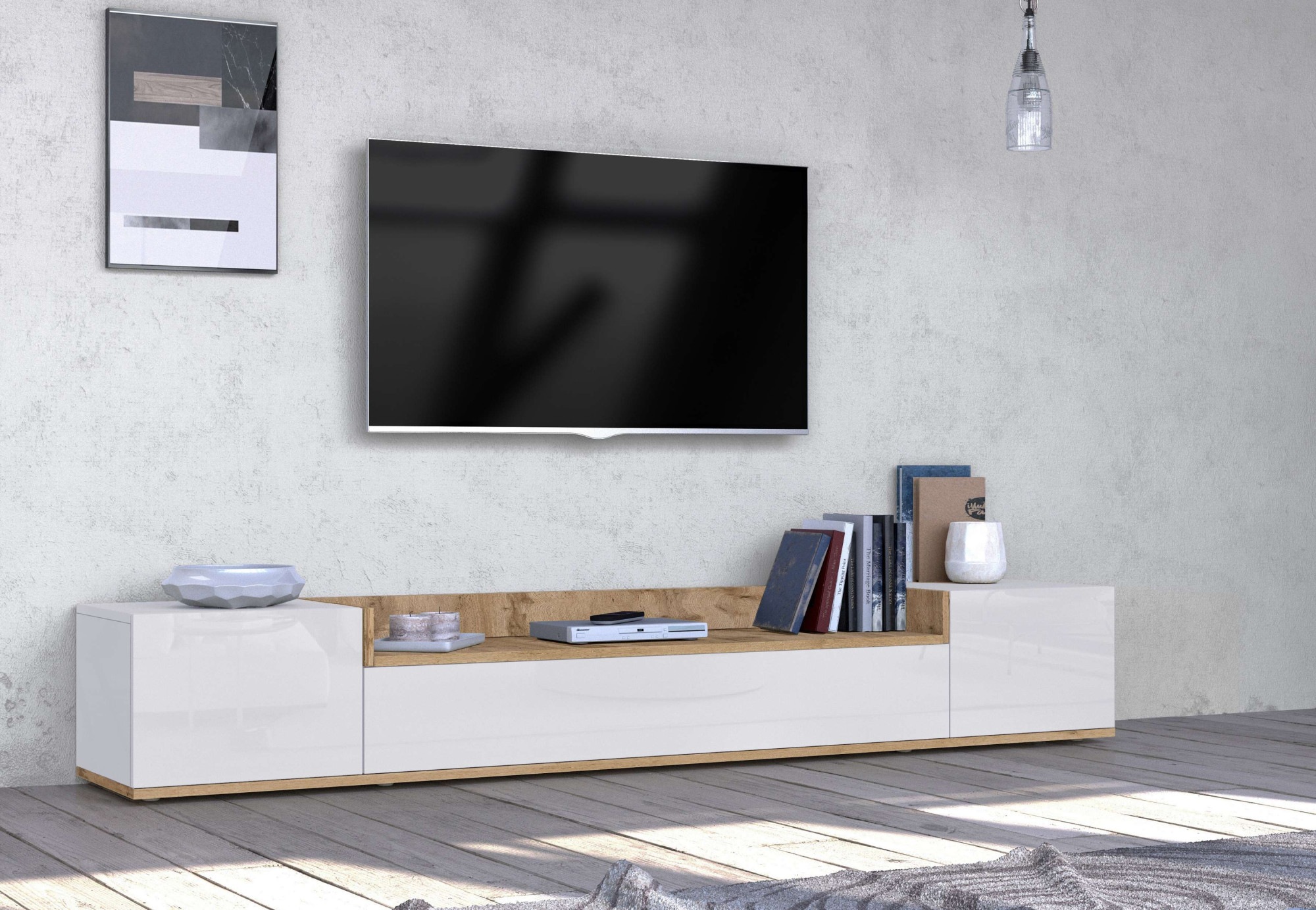Image of GOODproduct Lowboard "BOLSENA,TV-Kommode, TV-Möbel,TV-Bank, 4 Fächer und offenes Ablagefach" 1 Stk. tlg. Breite 200 cm,stehend/hängend,Fronten Hochglanz lackiert,Made in Italy