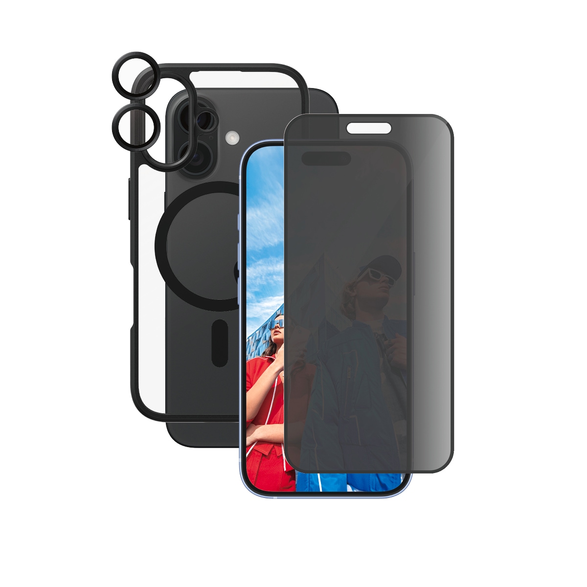 CARE by PanzerGlass Displayschutzglas »3-in-1 Protection, Privacy Glass, Case, Lens Cover«, für Apple iPhone 16, Displayschutzfolie, Schutzfolie, Bildschirmschutz, kratz- & stossfest