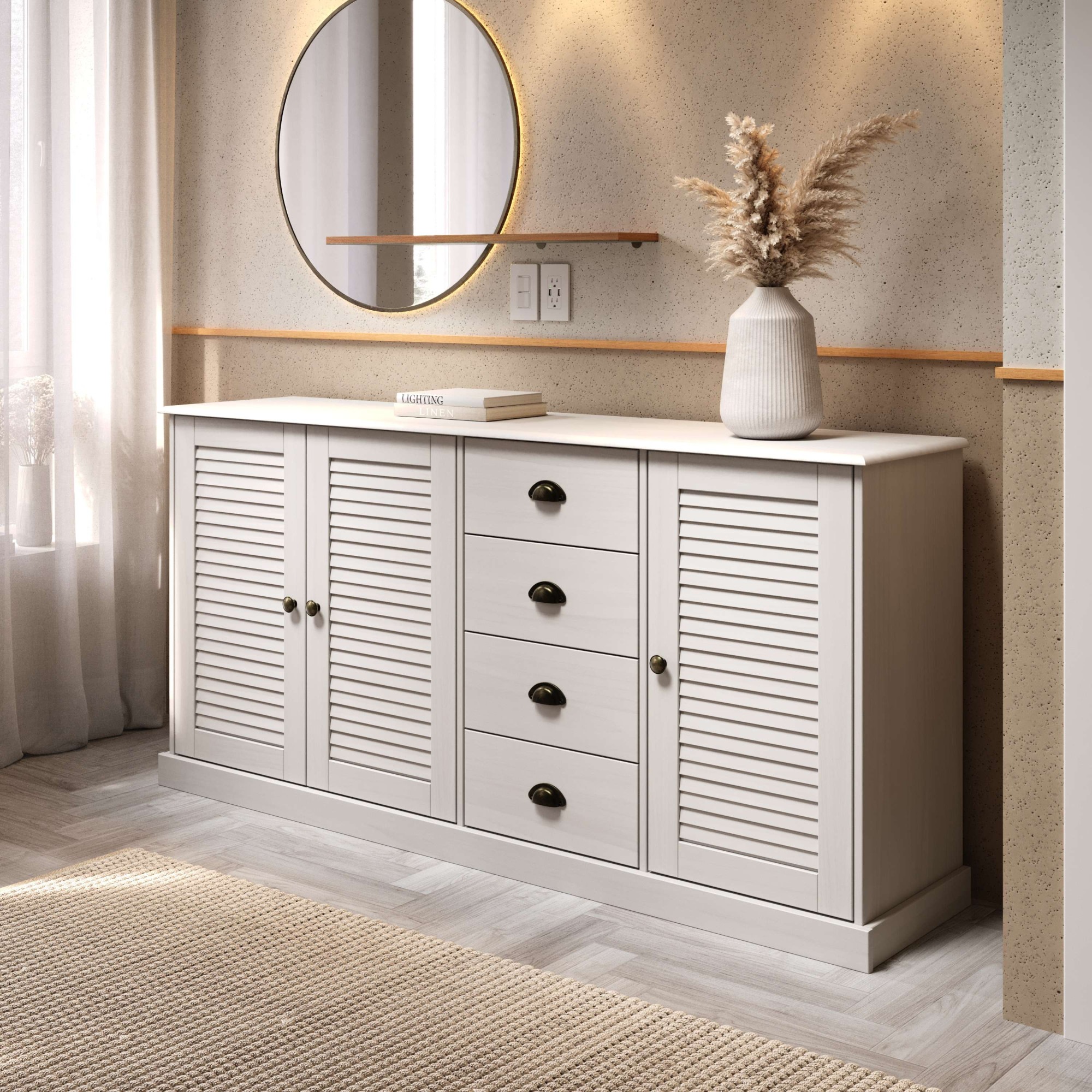 Image of GOODproduct Sideboard "Turia, mit Lamellentüren" Kommode aus massivem Kiefernholz, FSC, 4 Schubkasten, Breite 166 cm