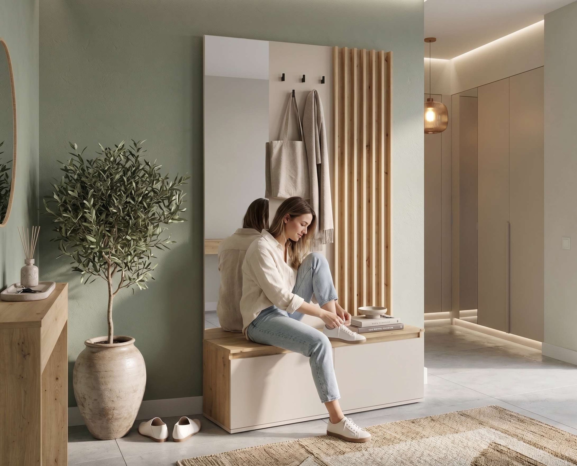 Home affaire Garderobenpaneel »LANDUVA Garderobe mit Schuhschrank, Spiegel und Haken, Breite 120 cm« Garderoben-Set, Kompaktgarderobe, mit Sitzbank, Lamellen Design