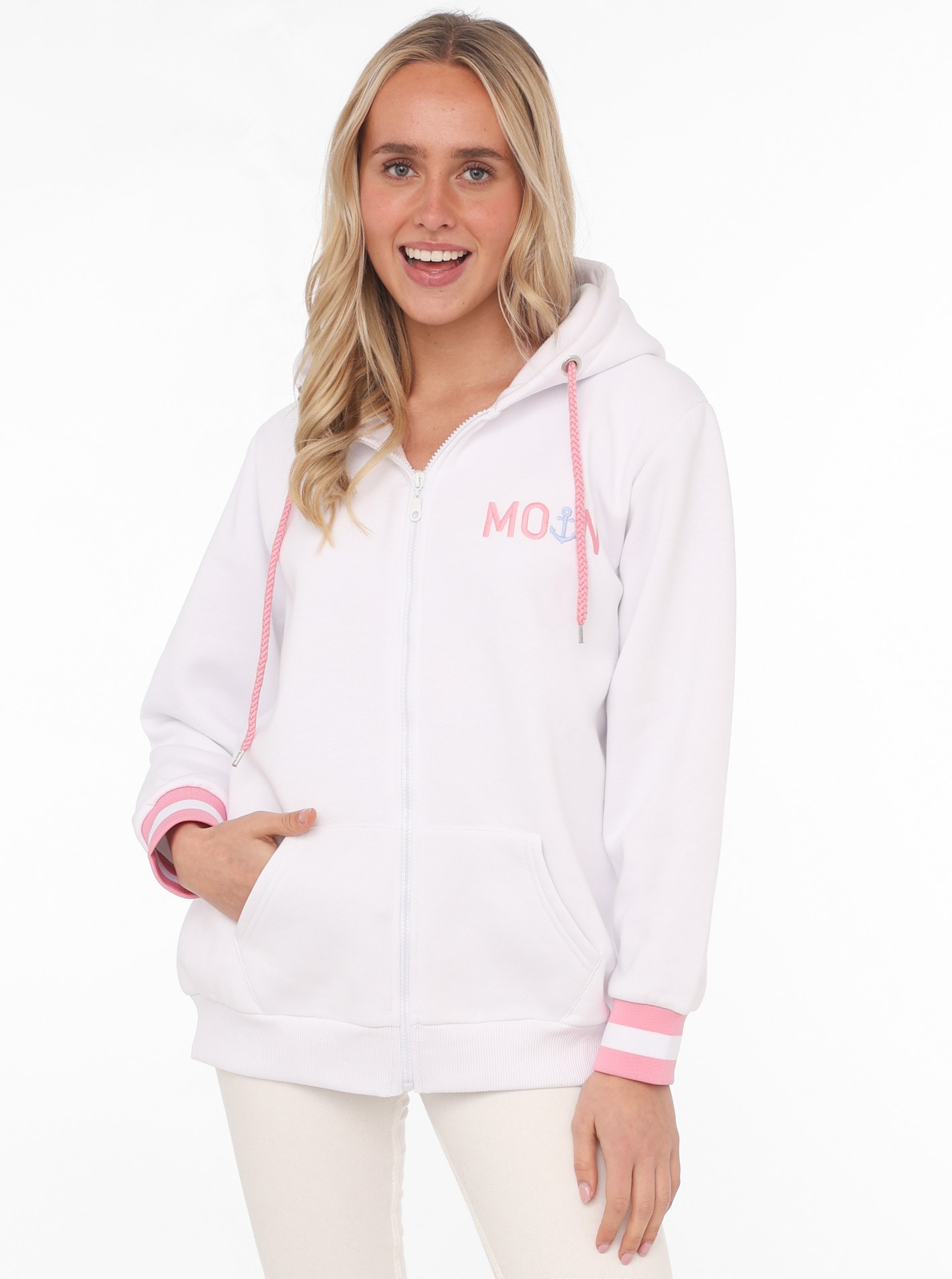 Zwillingsherz Sweatjacke, mit gesticktem "Moin" und neonfarbenen Details