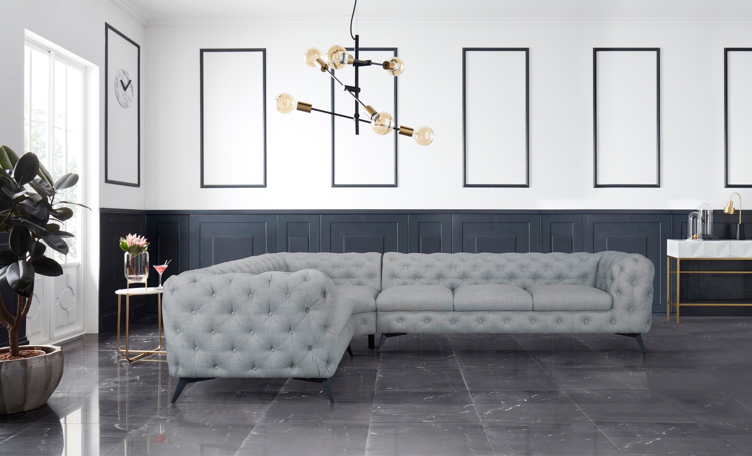 Home affaire Chesterfield-Sofa »Ecksofa GLYNIS L-Form mit Wellenunterfederung, Masse B/T/H 323/264/75cm« aufwändige Knopfheftung, moderne Chesterfield Optik, Fussfarbe wählbar