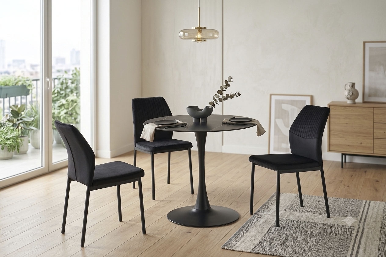 GOODproduct Esstisch »Freya« 1 Stk. tlg. Runder Tisch 90cm in Sinterstein, Black Copper mit schwarzem Säulenfuss
