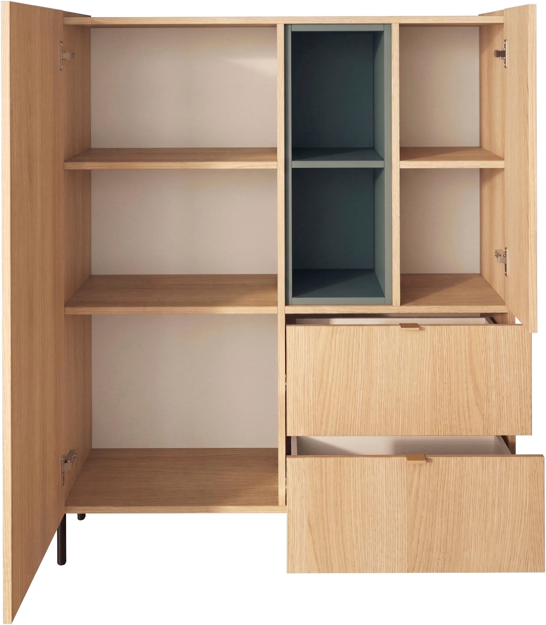 GOODproduct Buffet haut »Badia, B/H 101/124 cm, 2 Türen, 2 Schubkästen, Stauraumschrank« Top intégré, pieds métalliques droits, accents de couleur sauge