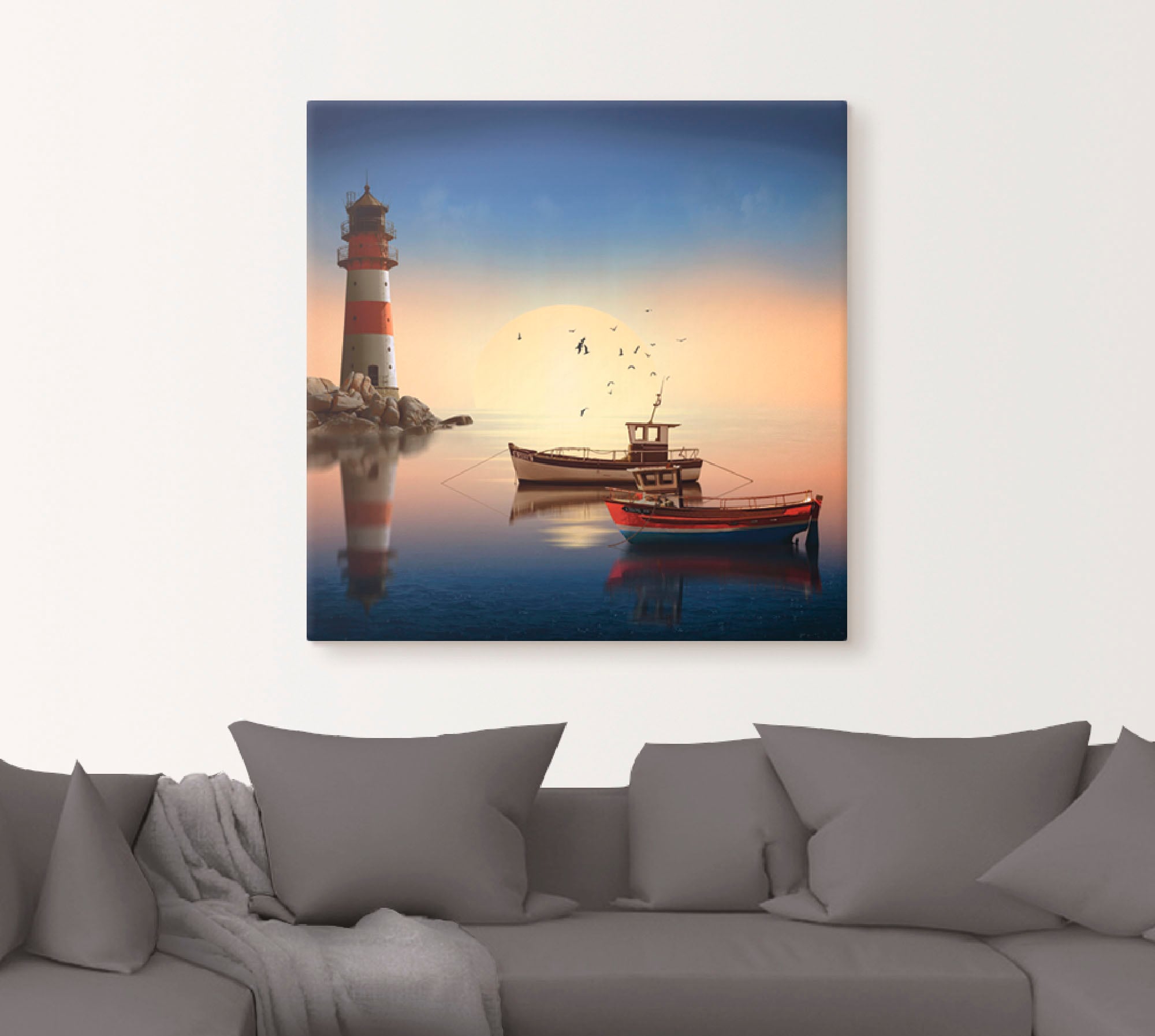 Artland Wandbild »Kleiner Hafen mit Leuchtturm«, Gebäude, (1 St.), als Leinwandbild, Wandaufkleber in verschied. Grössen