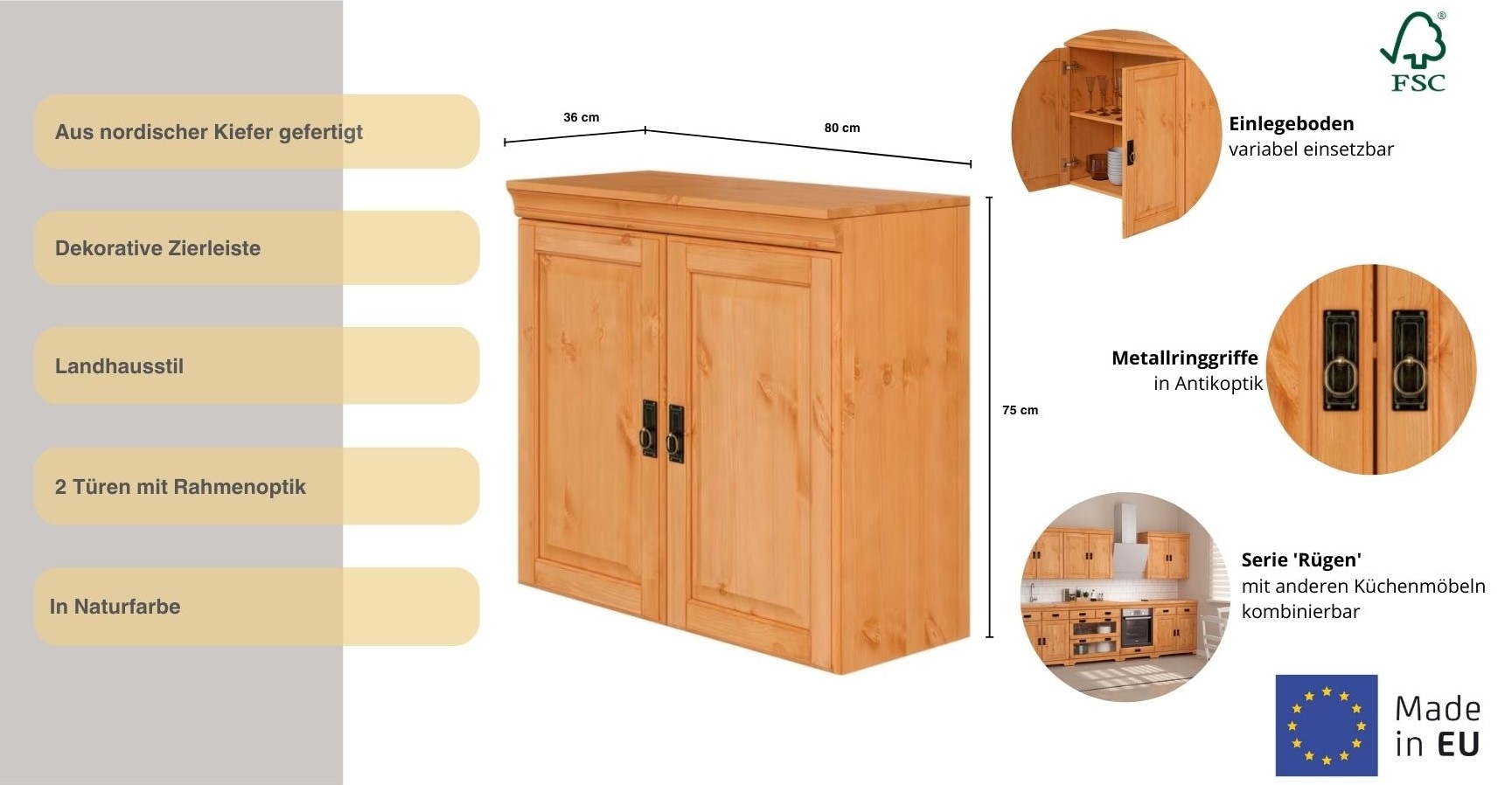 GOODproduct Armoire suspendue »Rügen« Breite 80 cm, Kiefer massiv, 2 Türen, 1 Einlegeboden