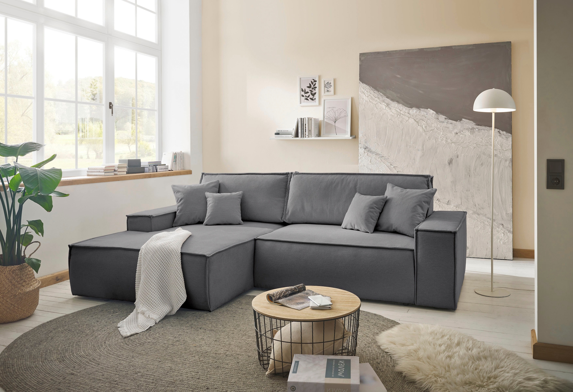 andas Ecksofa »Finnley Schlafsofa 267 cm in Bouclé, Struktur fein u. Cord, L-Form,«, Schlaffunktion m. Bettkasten (136/210 cm), Bouclé, Struktur und Cord