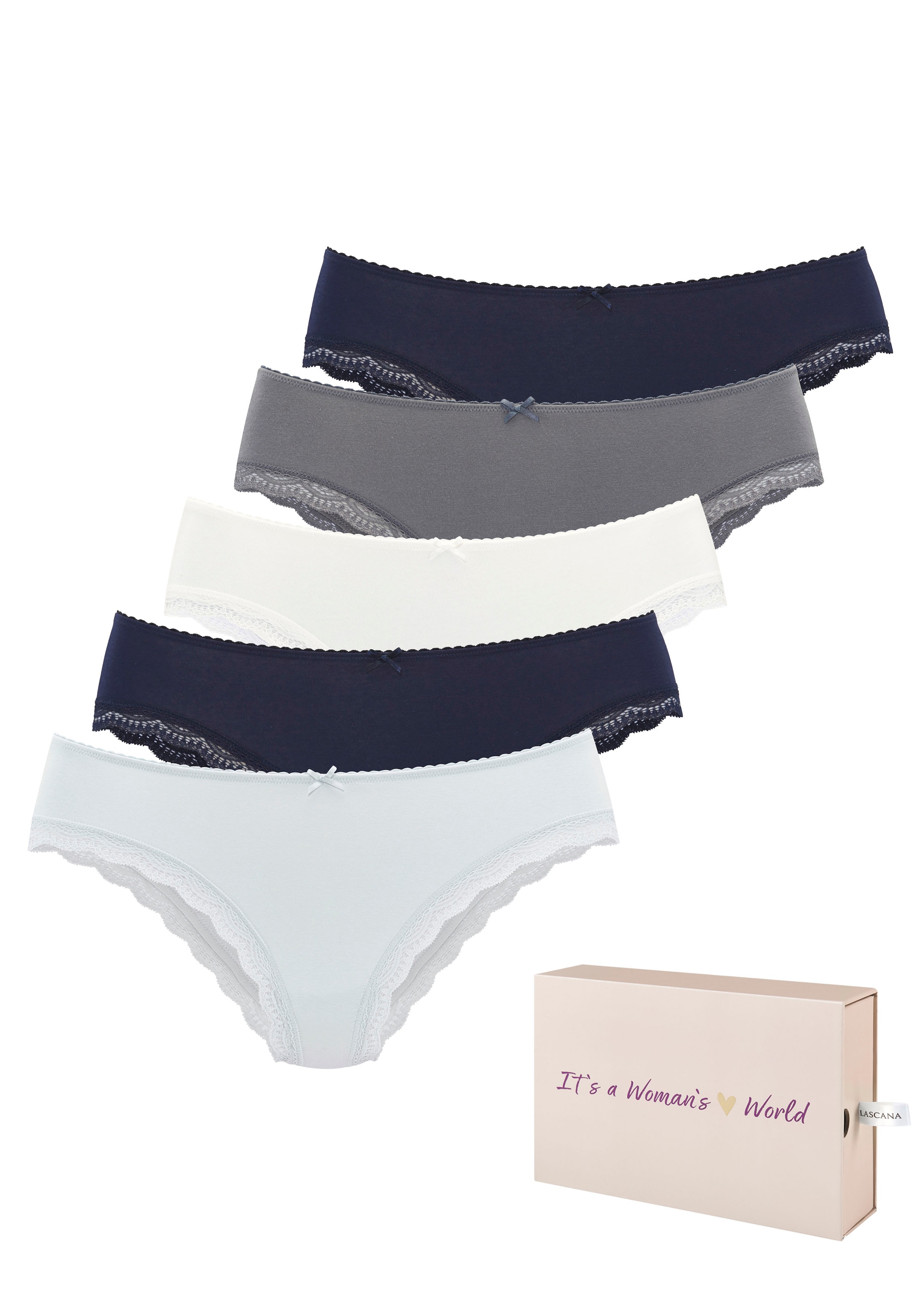 Image of LASCANA Jazz-Pants Slips 5er-Pack, aus elastischer Baumwolle mit zarter Spitze, mit Aufbewahrungsbox