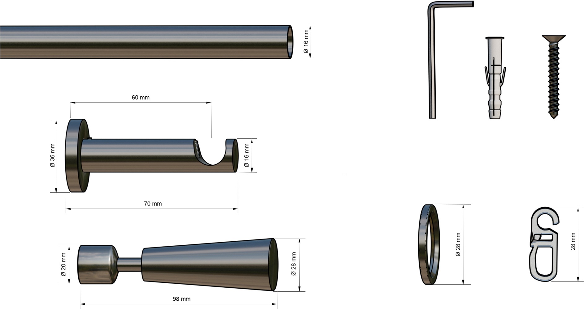indeko Tringle à rideaux »Genf« Ø 16 mm 1 course-läufig Fixmass Komplett-Set inkl. Ringen und Montagematerial