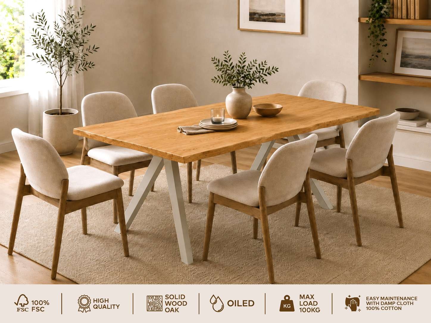 GOODproduct Esstisch »»MONACO« Speisetisch, Küchentisch, Wohntisch, Esszimmertisch« Wildeiche geölt Natur, Baumkante, A-Gestell Pearl White Metall