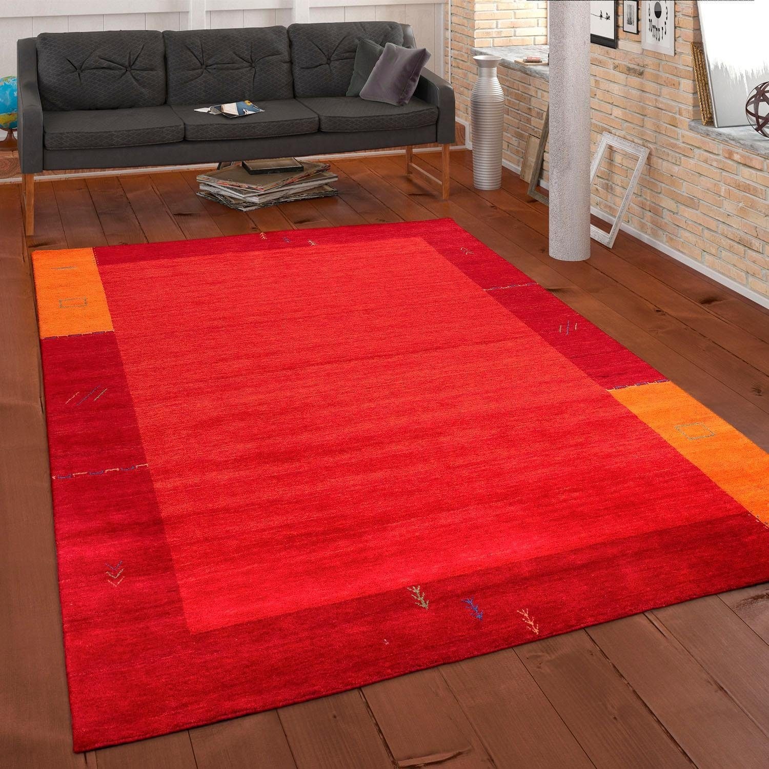 Paco Home Wollteppich »Gabbeh 309« rechteckig 14 mm Höhe Kurzflor, handgewebt, reine Wolle, Gabbeh-Stil, mit Bordüre