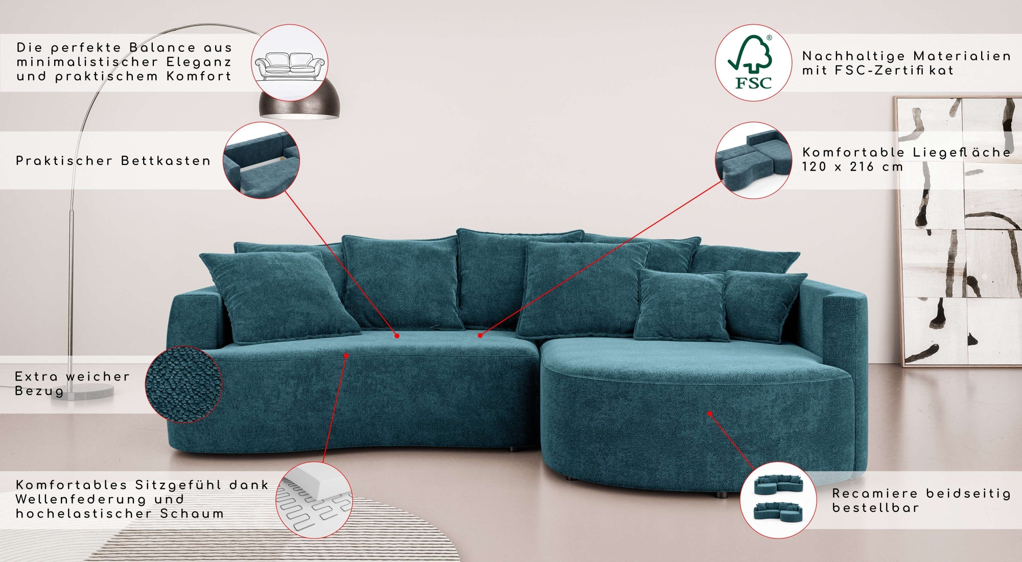 INOSIGN Ecksofa »Kahekili, Schlafsofa mit Bettkasten, Masse B/T/H: 255/181/90/ cm«, L-Form mit Wellenunterfederung, 7 Rückenkissen und 2 Zierkissen