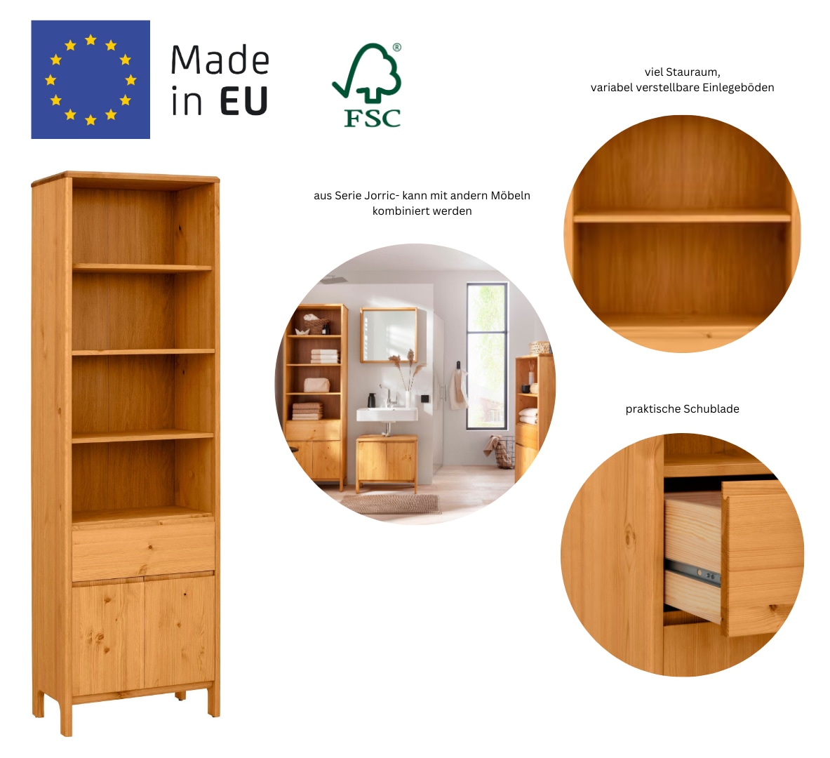 GOODproduct Hochschrank »Jorrick«, Breite 60 cm, Massivholz Kiefer mit Bio Öl/Wachs behandelt