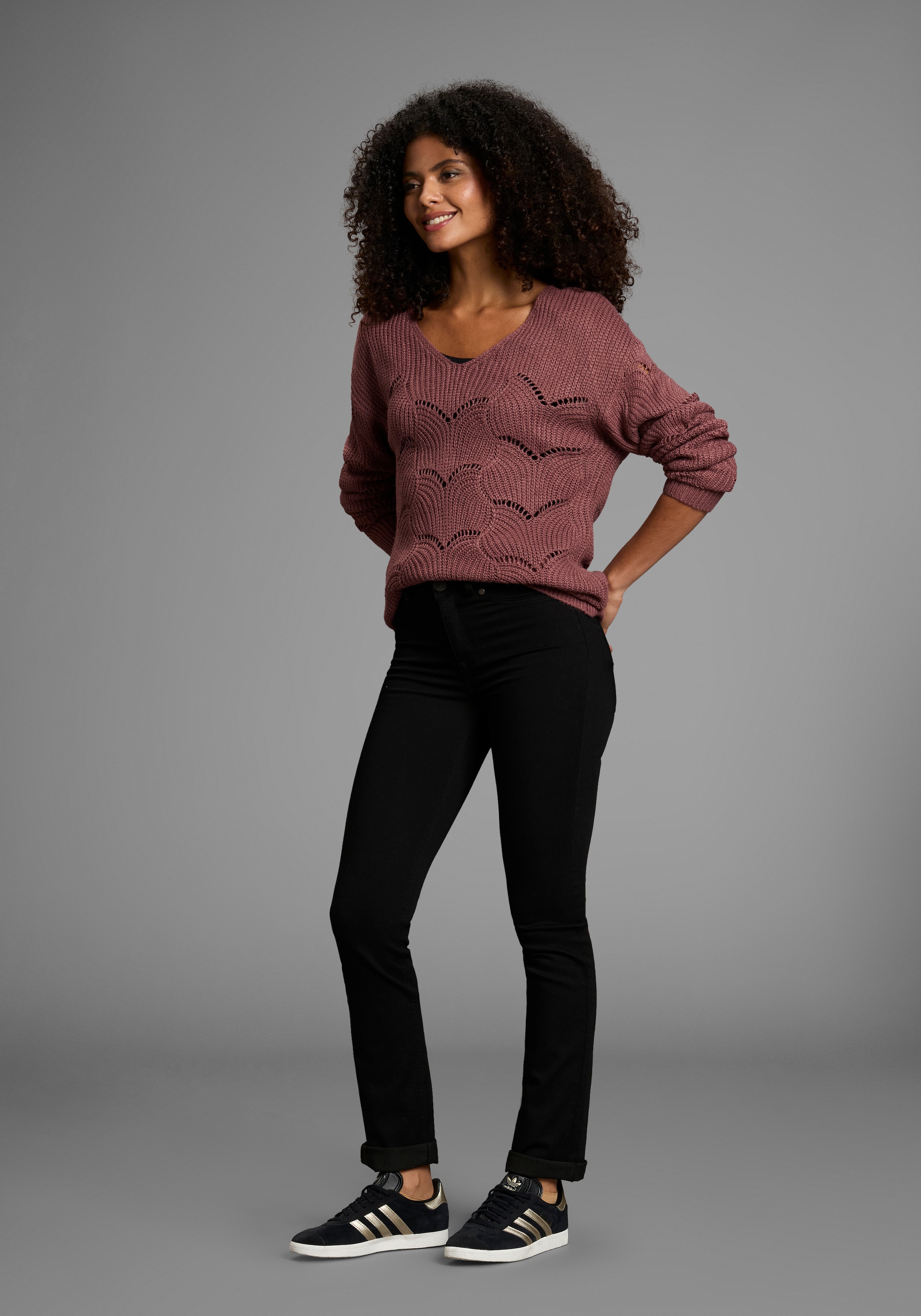 Laura Scott Pull en tricot softer Übergangsstrick mit V-neck und trendy Ajourmuster