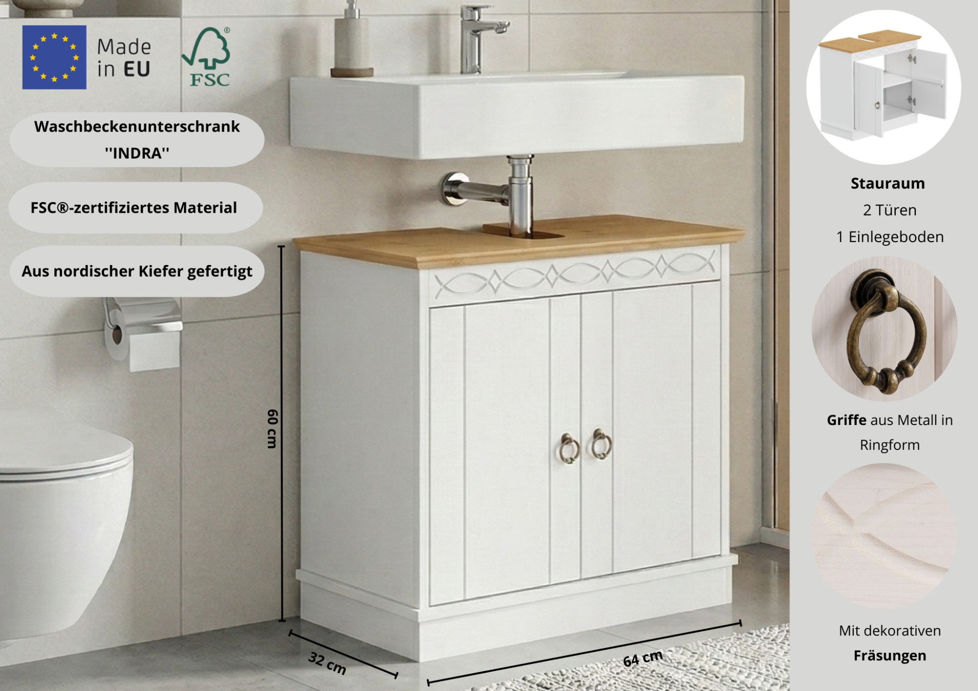 GOODproduct Waschbeckenunterschrank »Indra, Badschrank, Badmöbel, Badezimmerschrank« B/T/H: 64/32/66 cm,  aus massiver Kiefer, 2 Türen,  FSC®-zertifiziert
