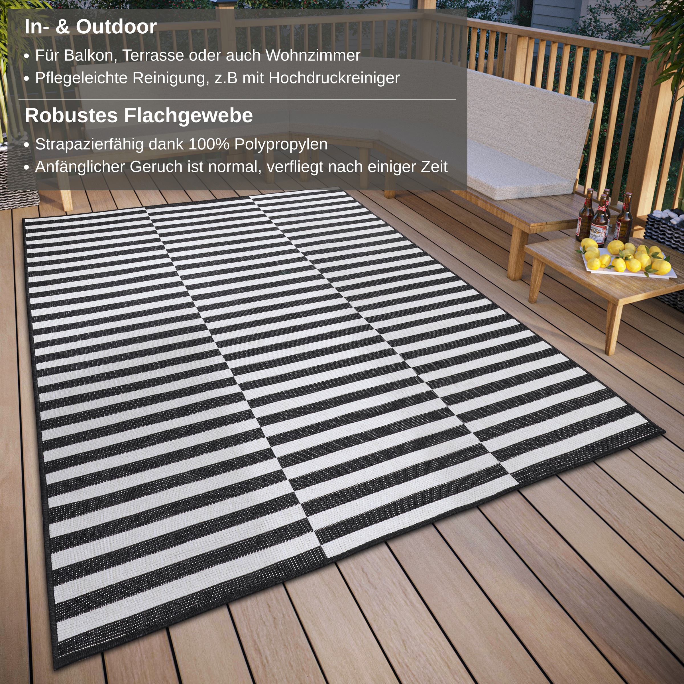 my home Teppich »Viela  Outdoor Wendeteppich, auch als Läufer erhältlich«, rechteckig, 5 mm Höhe, schwarz weiss, Flachgewebe, Balkon, Wohnzimmer, In-Outdoor, wasserfest