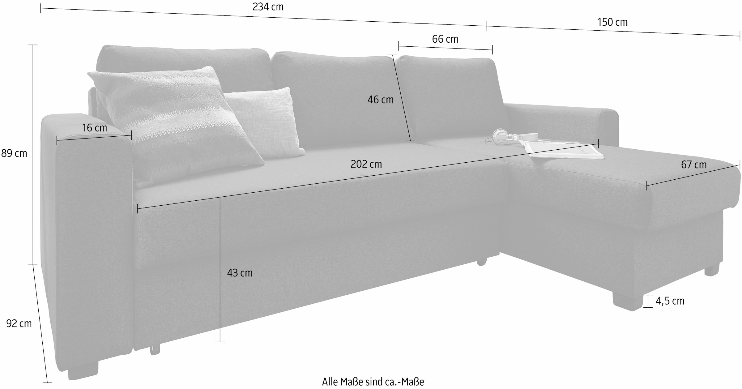 ATLANTIC home collection Ecksofa »Dublin L-Form«, Bettfunktion und Bettkasten, Recamiere links oder rechts montierbar