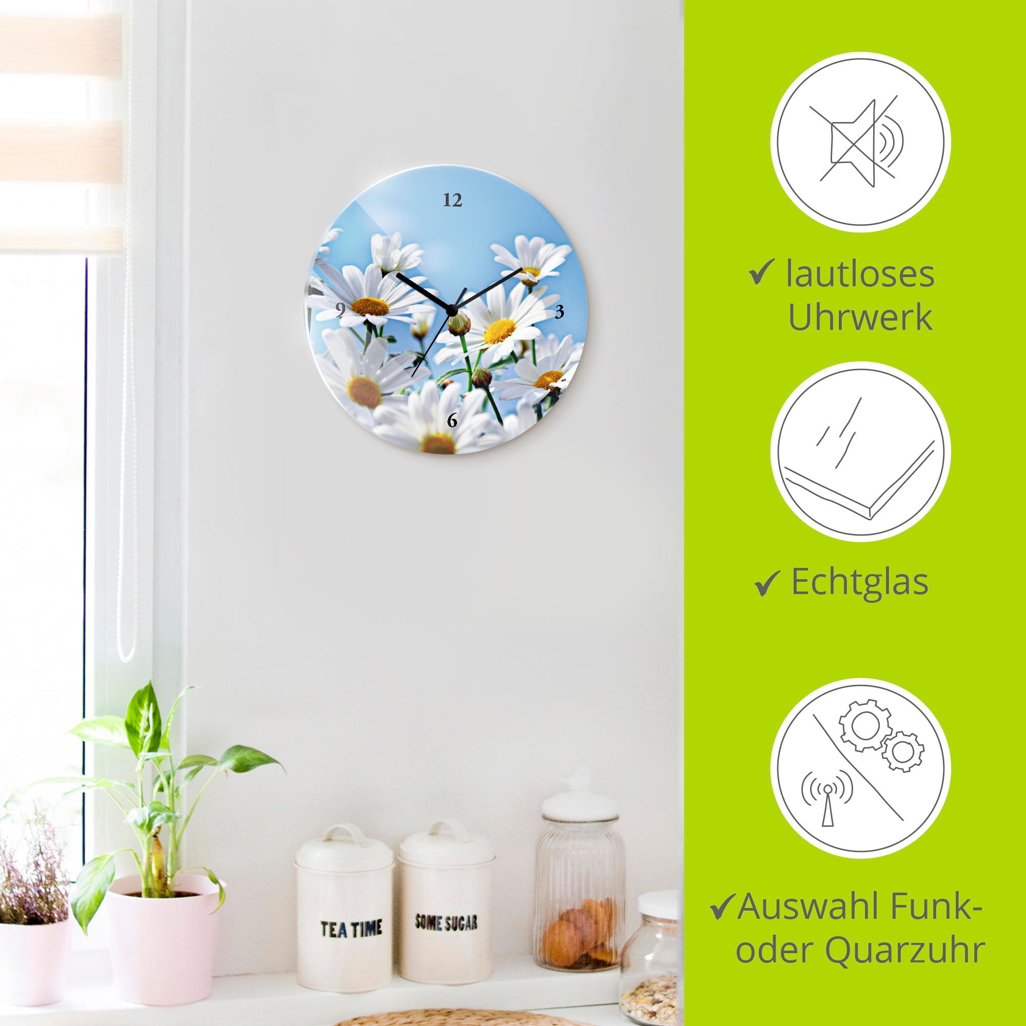 Artland Wanduhr »Blumen - Margeriten« wahlweise mit  Quarz- oder Funkuhrwerk, lautlos ohne Tickgeräusche