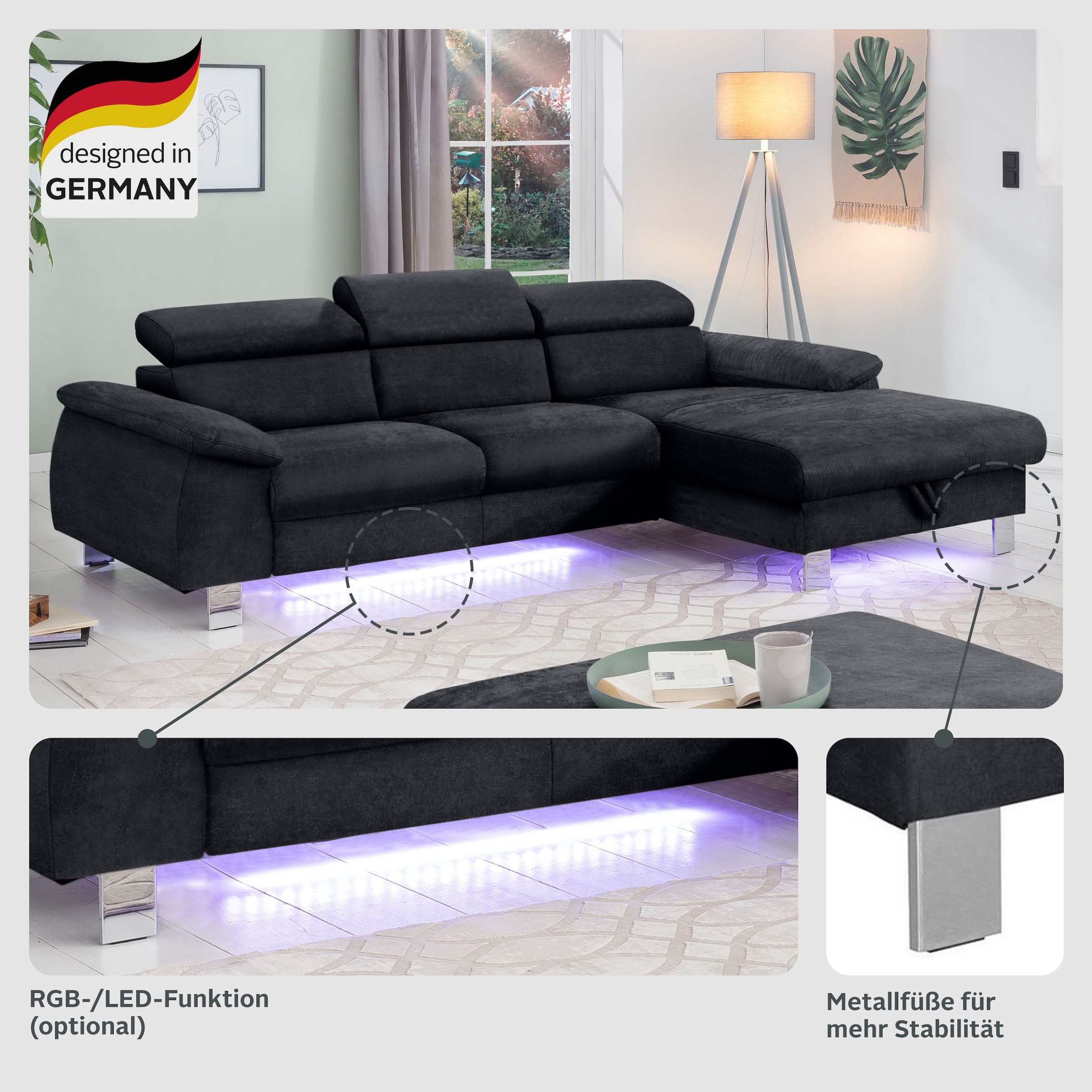 COTTA Canapé d'angle »Komaris L-Form, B: 244 cm« mit Kopfteilverstellung, optional Bettfunktion, Bettkasten & Licht