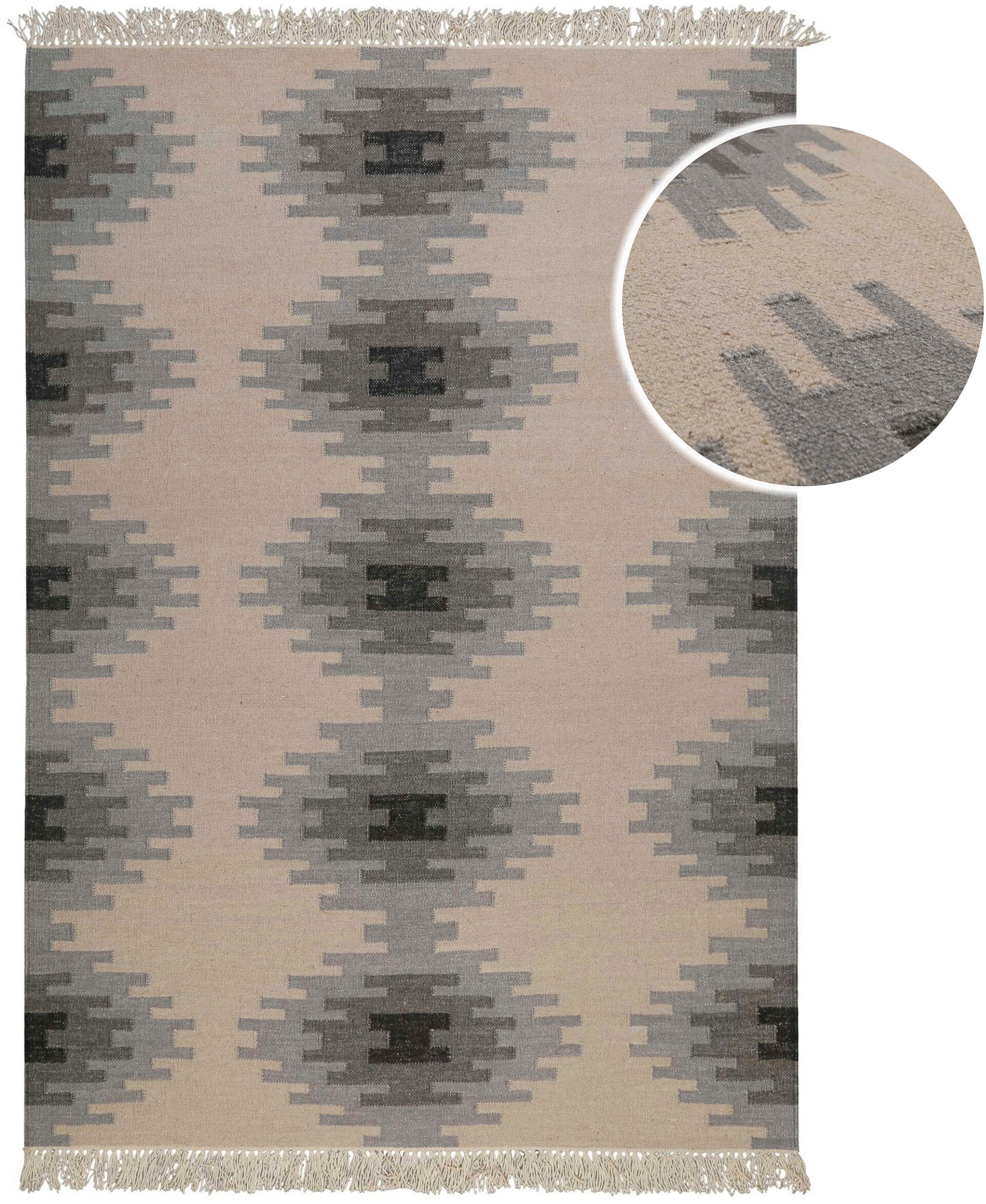 Green Looop Wollteppich »Belle« rechteckig 5 mm Höhe Fransen, Kelim, handgewebt, Natur, Wohnzimmer, Schlafzimmer, Raute