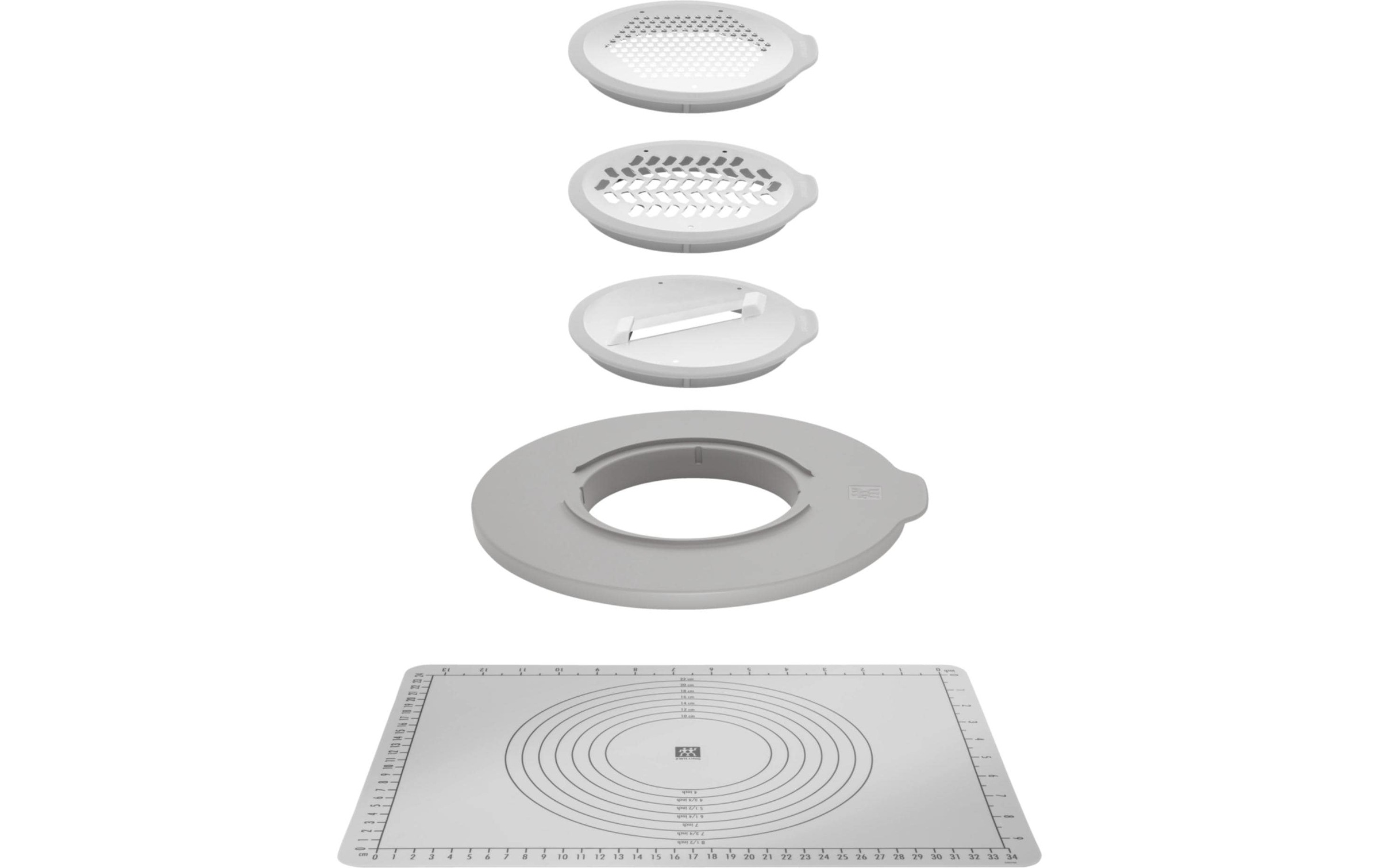 Zwilling Reibeaufsatz »Fresh & Save BOWLS - Zubehör-Set, Accessoire-Set, 5-teilig« Spritzschutz, 3 Reibeaufsätze, backofenfeste Anti-Rutsch-Silikonmatte