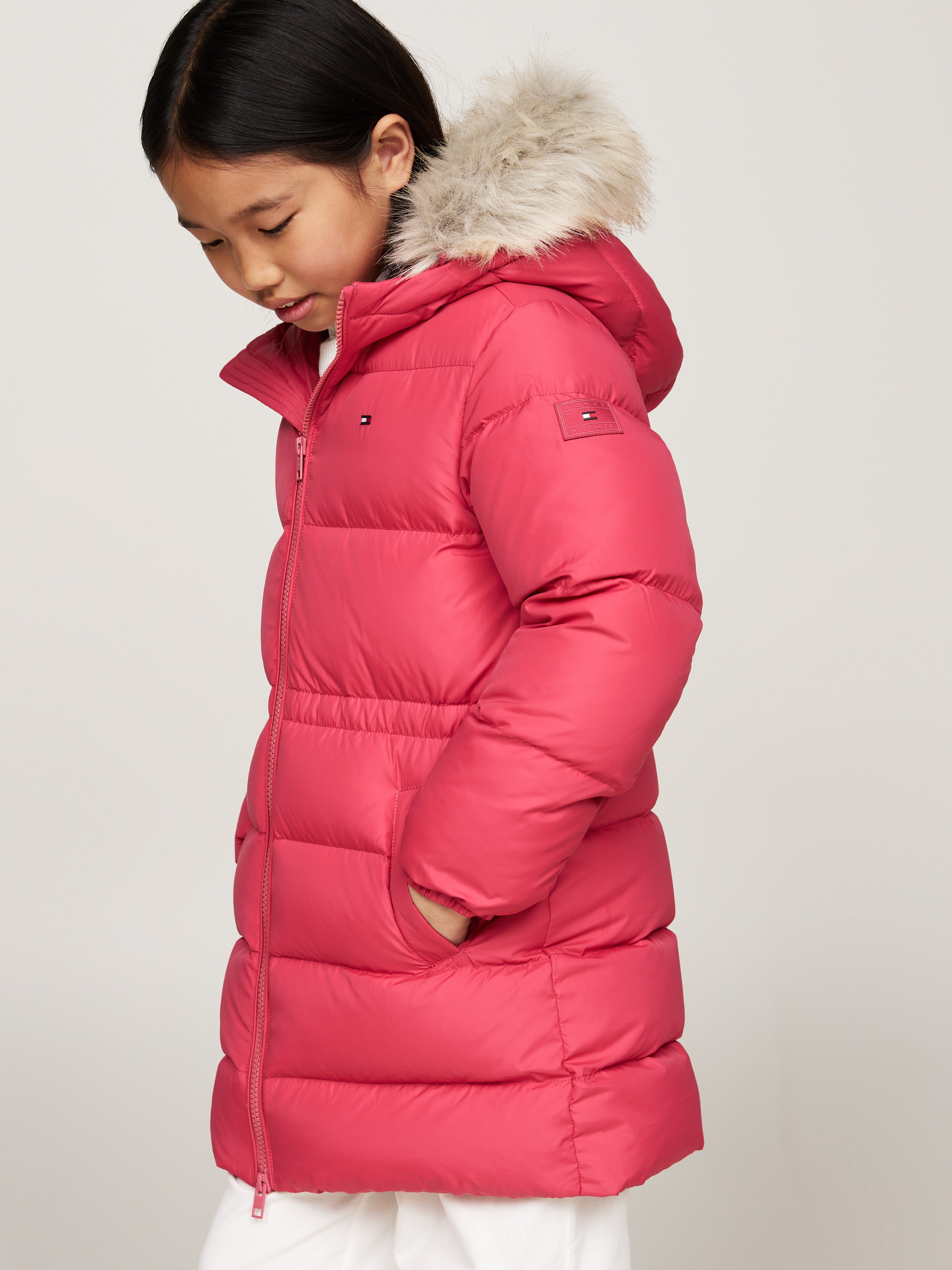 TOMMY HILFIGER Steppjacke »LONG WAISTED DOWN JACKET«, mit Kapuze, mit Fellimitat