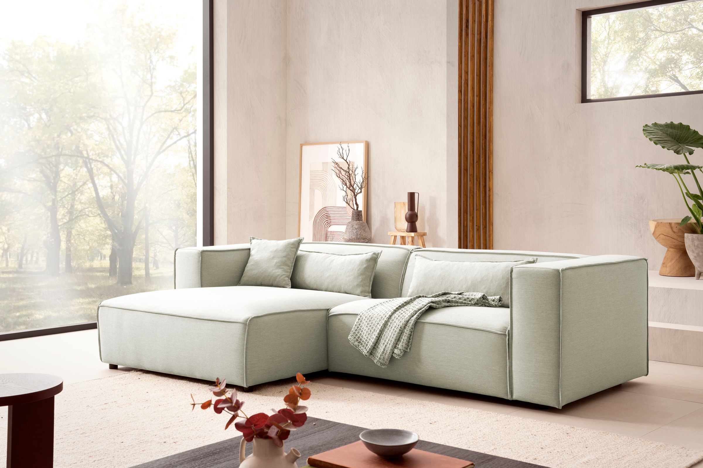 LeGer Home by Lena Gercke Ecksofa »PIARA mit Kedernaht in Cord oder Leinenoptik, moderne Couch in L-Form«, wahlweise Ottomane rechts/links, schwarze Füsse, bequemer Sitzkomfort