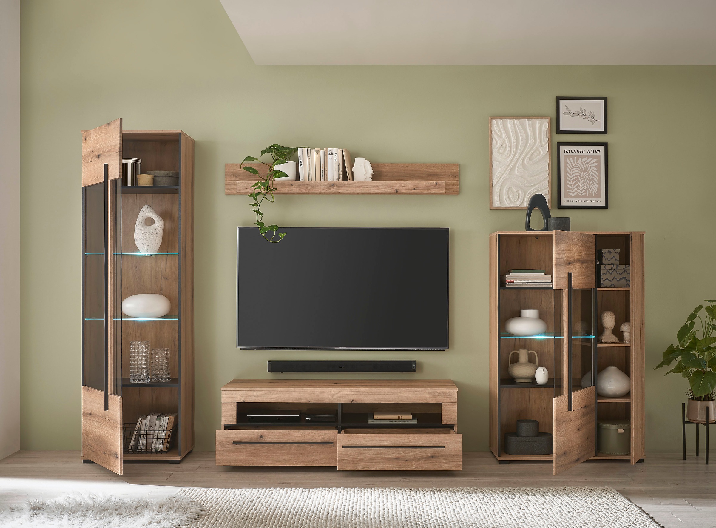 INOSIGN Wohnwand »Cantara, moderne Anbauwand, Wohnzimmer-Set, in Eiche Evoke oder Weiss«, (Set), enthält zwei Vitrinen, ein Lowboard und ein Wandboard