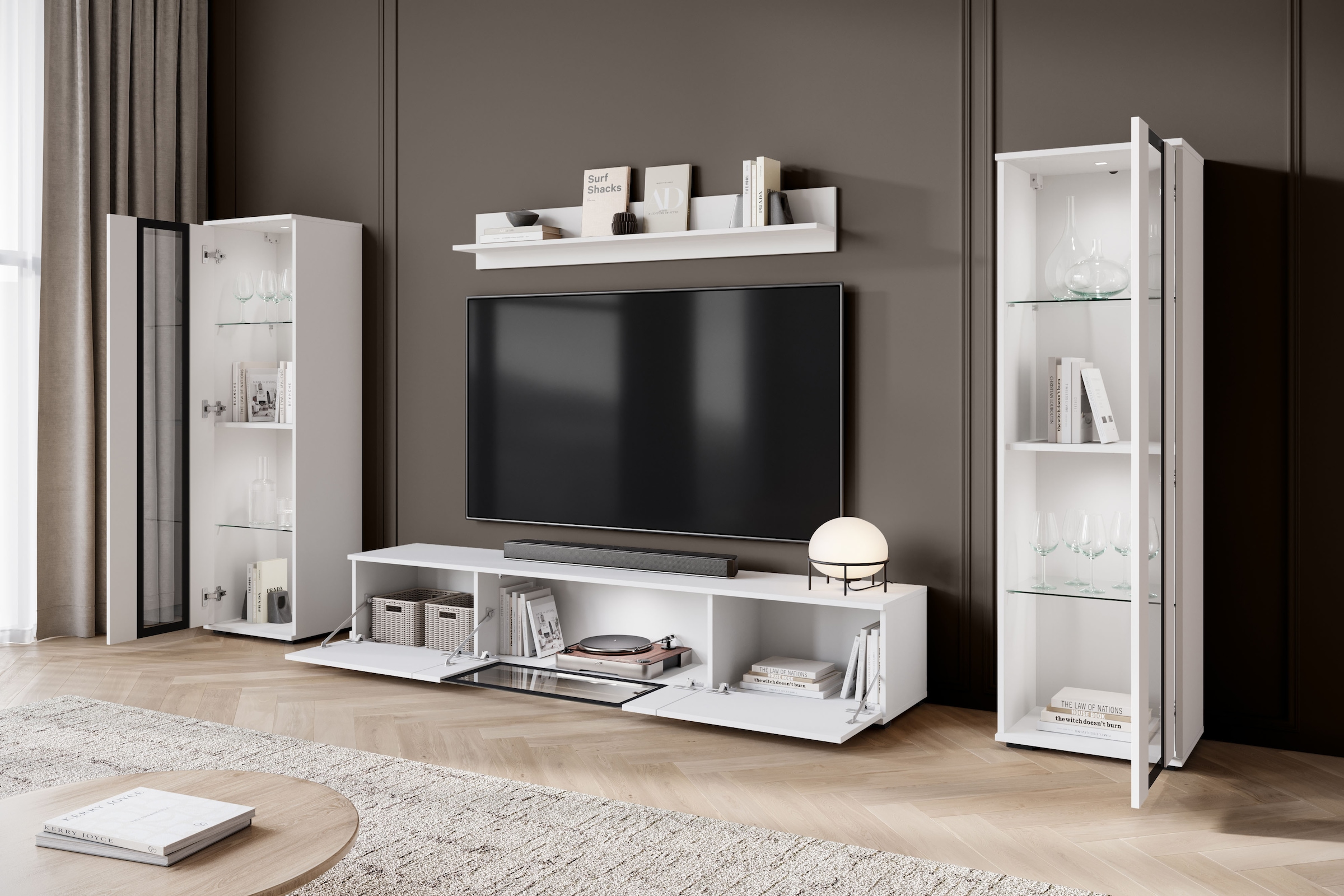 Home affaire Wohnwand »Caro, stehend und hängend montierbar« Komplett-Set, Vitrine Türanschlag links/rechts wechselbar, 4 Stk. tlg.